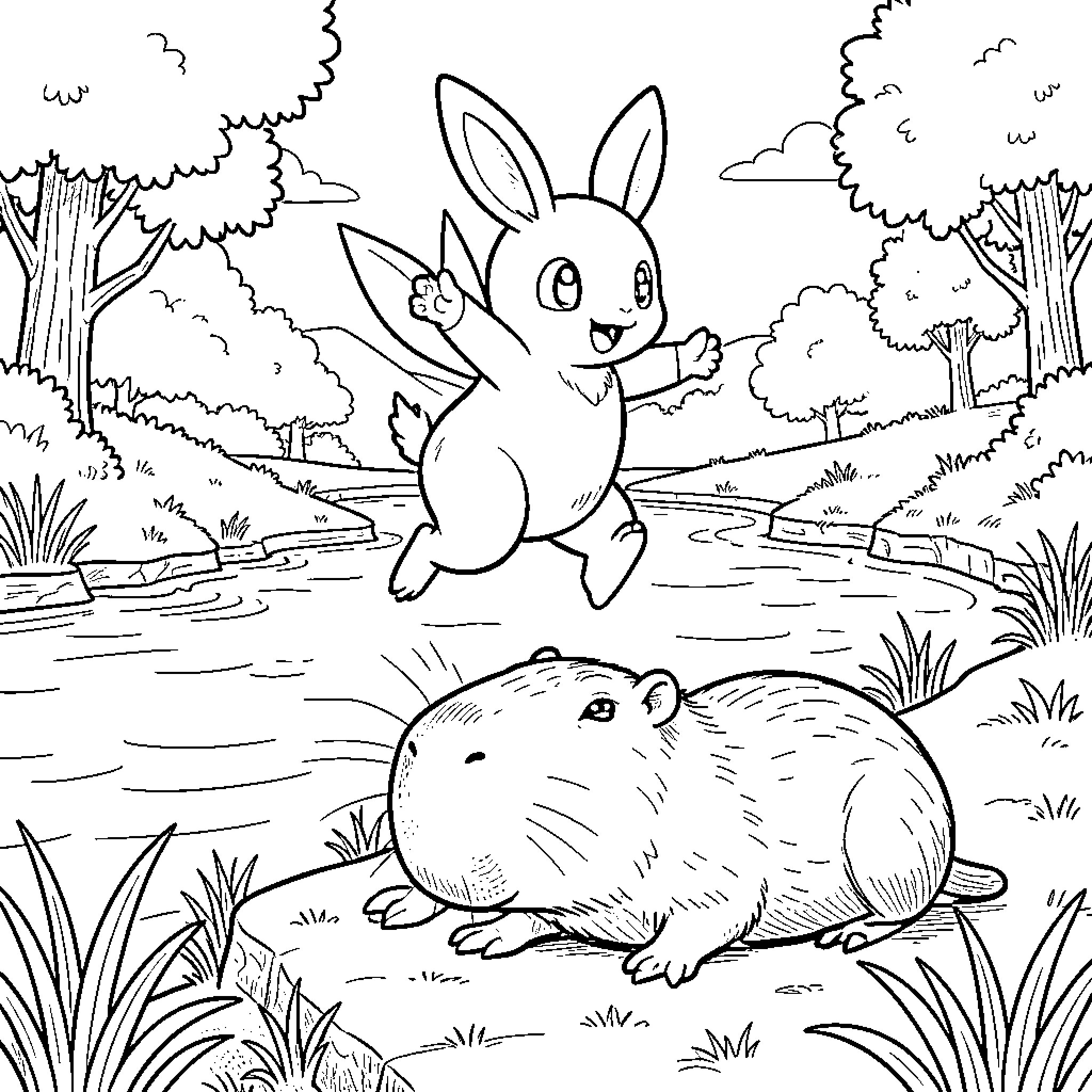 Milobelus rabbit character jumping joyfully near a capybara Coloring Page (free black-and-white line drawing printable PDF for all, from beginners to advanced learners, including children, teens, adults, and seniors)
