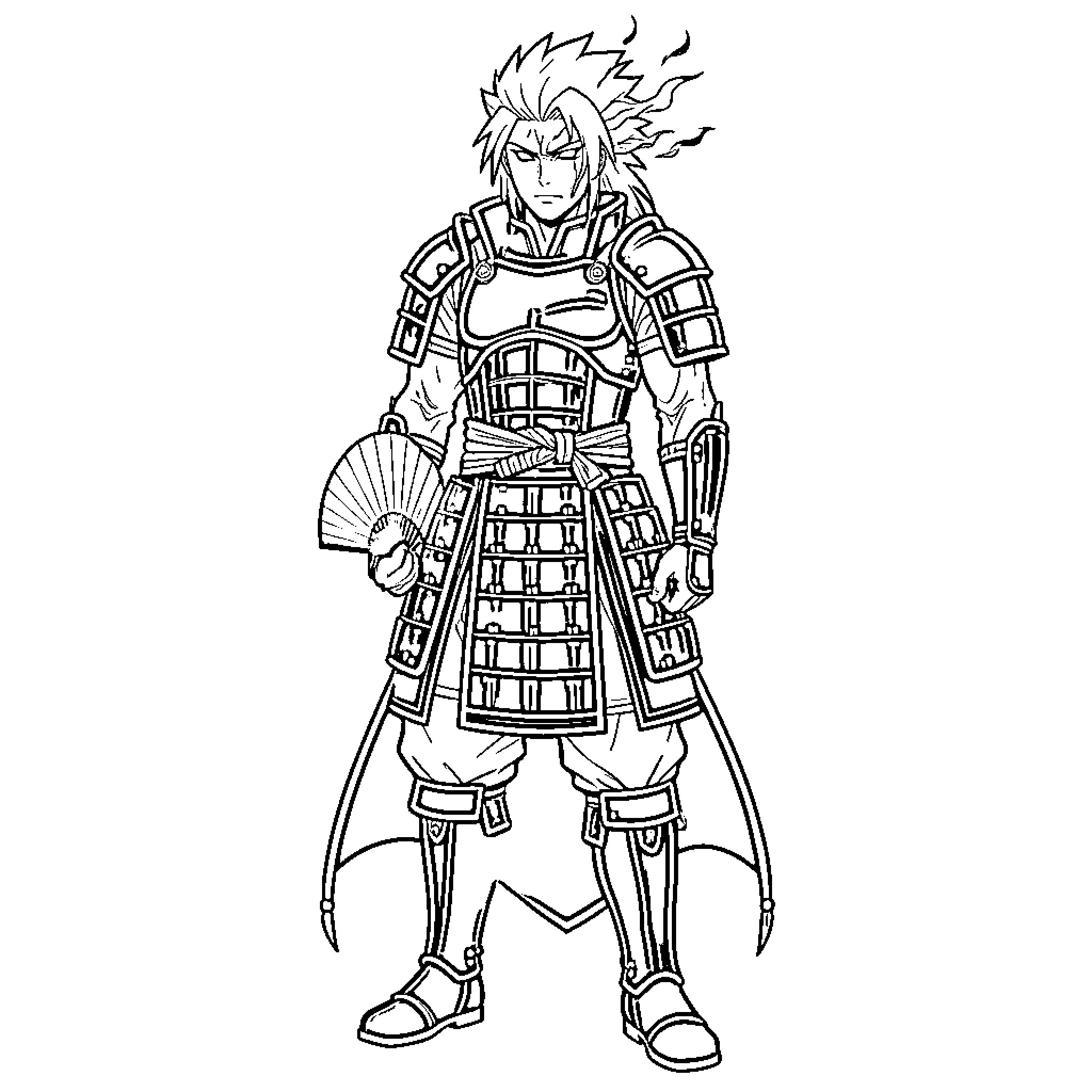Madara Uchiha in Samurai-Inspired Battle Armor Coloring Page (free black-and-white line drawing printable PDF for all, from beginners to advanced learners, including children, teens, adults, and seniors)