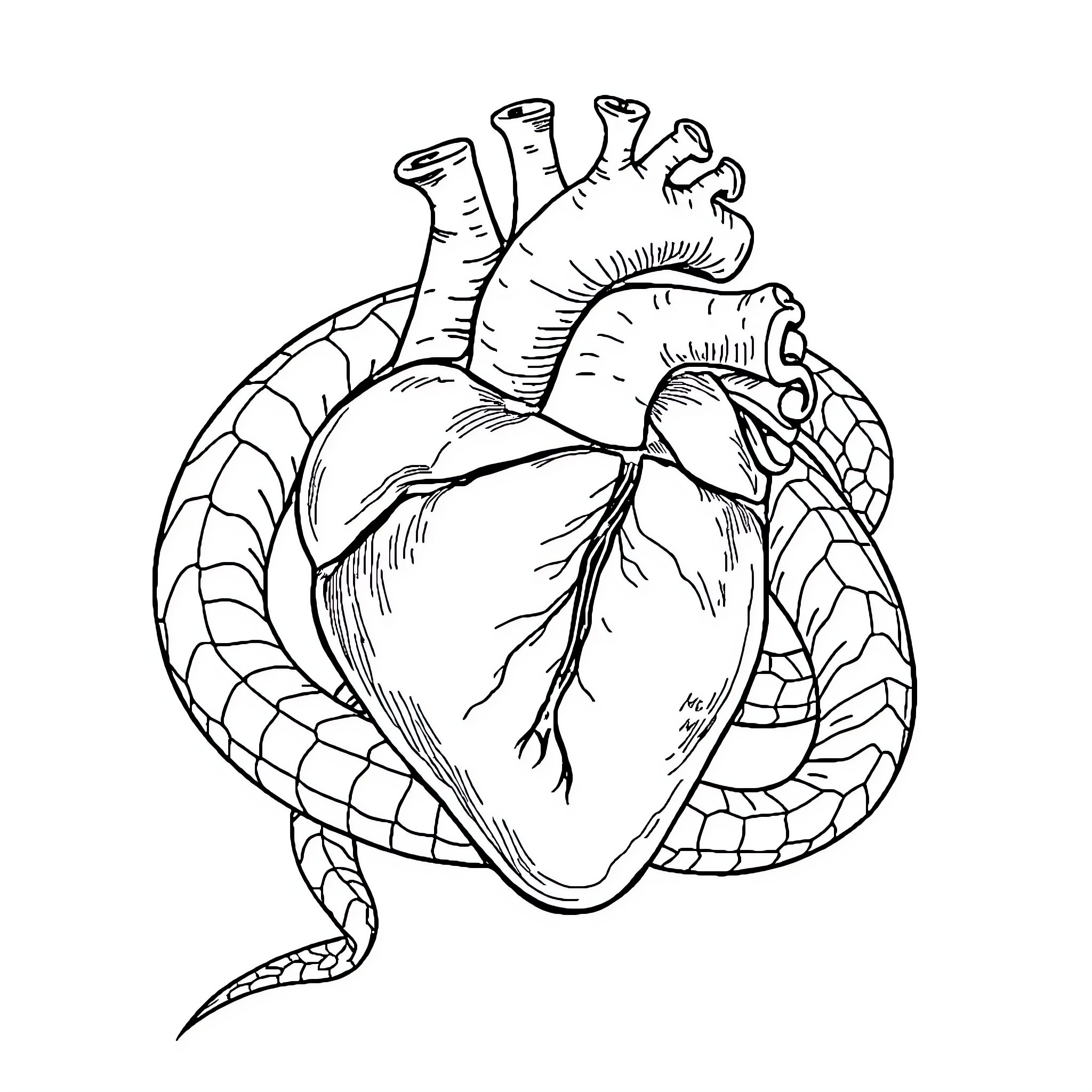 Heart enveloped by serpentine form Coloring Page (free black-and-white line drawing printable PDF for all, from beginners to advanced learners, including children, teens, adults, and seniors)