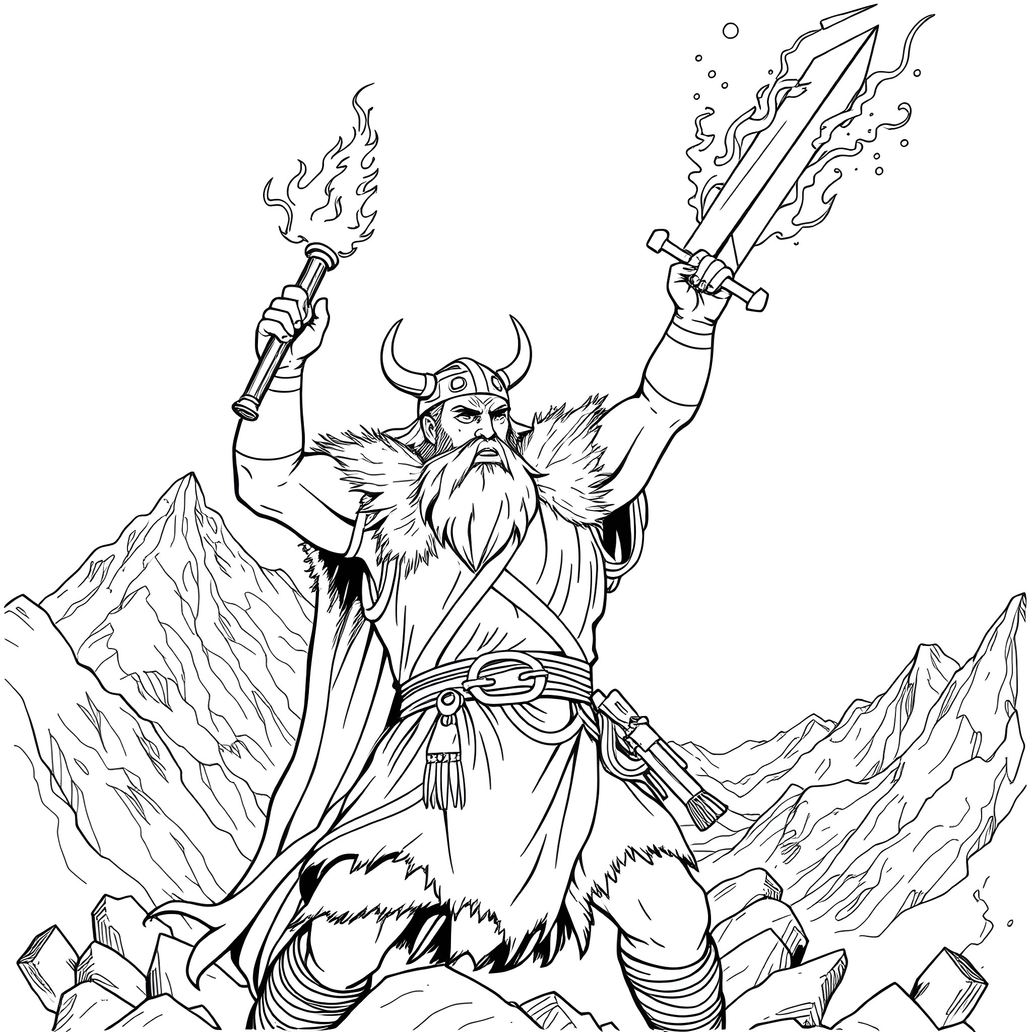 Viking warrior wielding flaming sword in snowy mountains Coloring Page (free black-and-white line drawing printable PDF for all, from beginners to advanced learners, including children, teens, adults, and seniors)