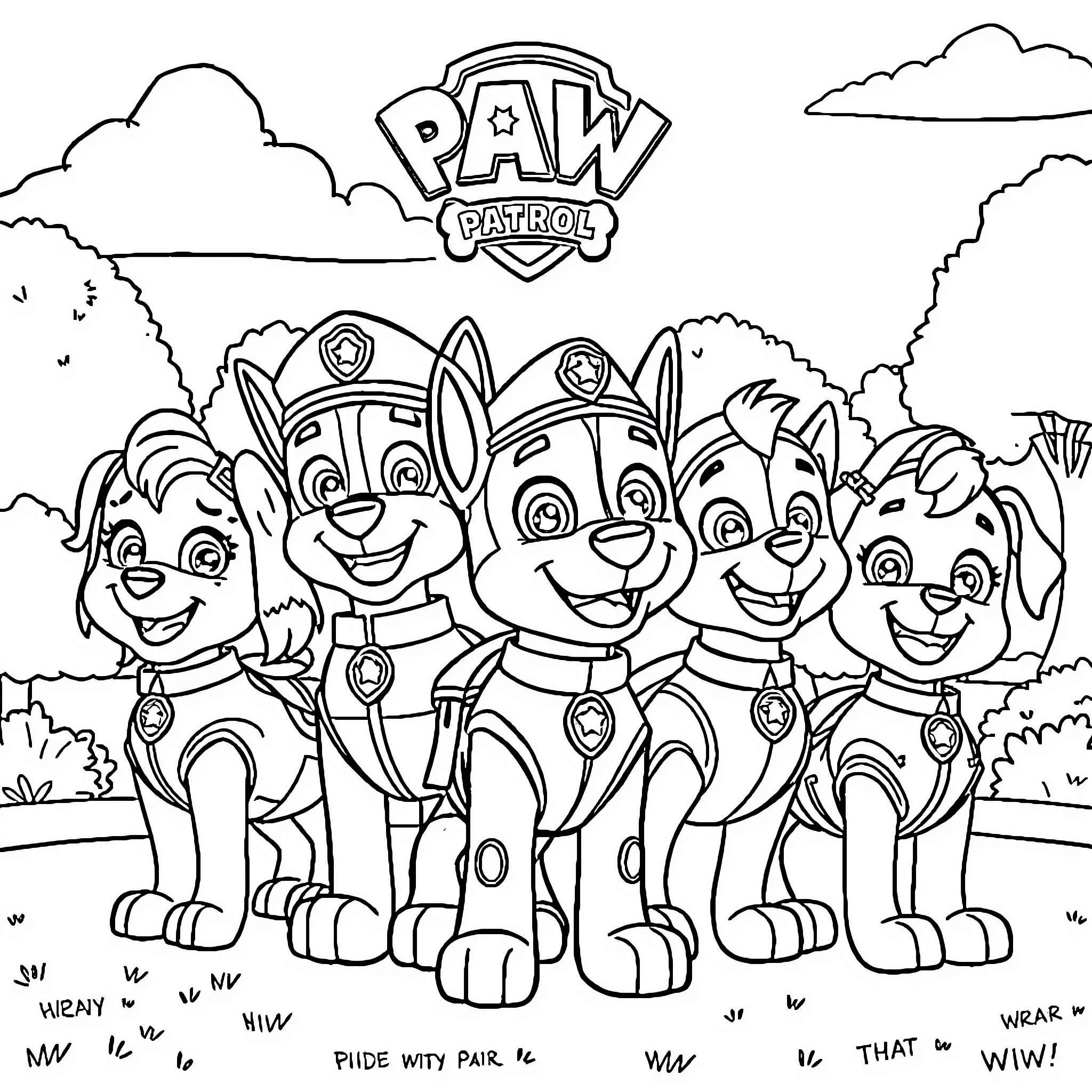 Paw Patrol Characters in Action Poses Coloring Page (free black-and-white line drawing printable PDF for all, from beginners to advanced learners, including children, teens, adults, and seniors)