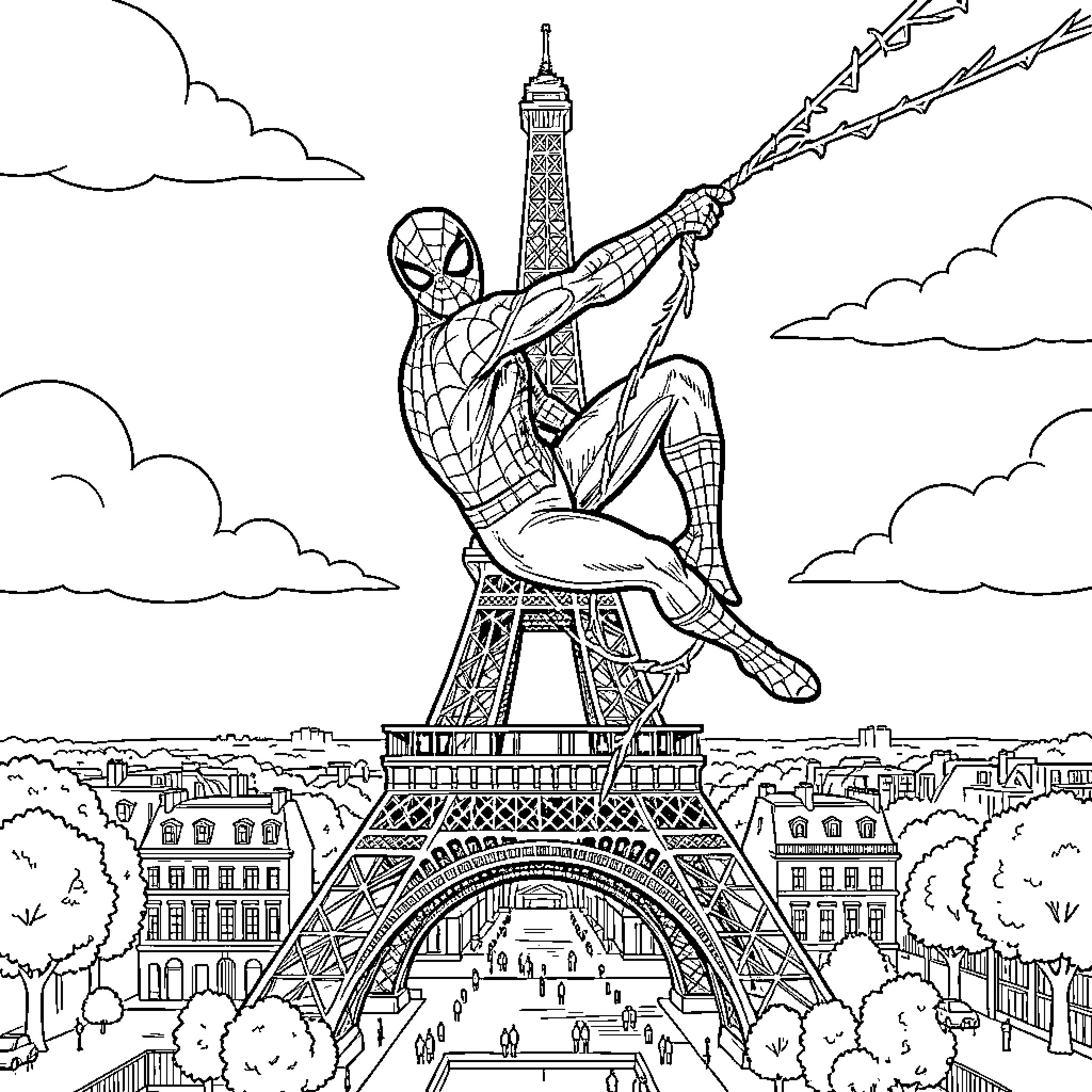 Spiderman swinging on webs in front of Eiffel Tower Coloring Page (free black-and-white line drawing printable PDF for all, from beginners to advanced learners, including children, teens, adults, and seniors)