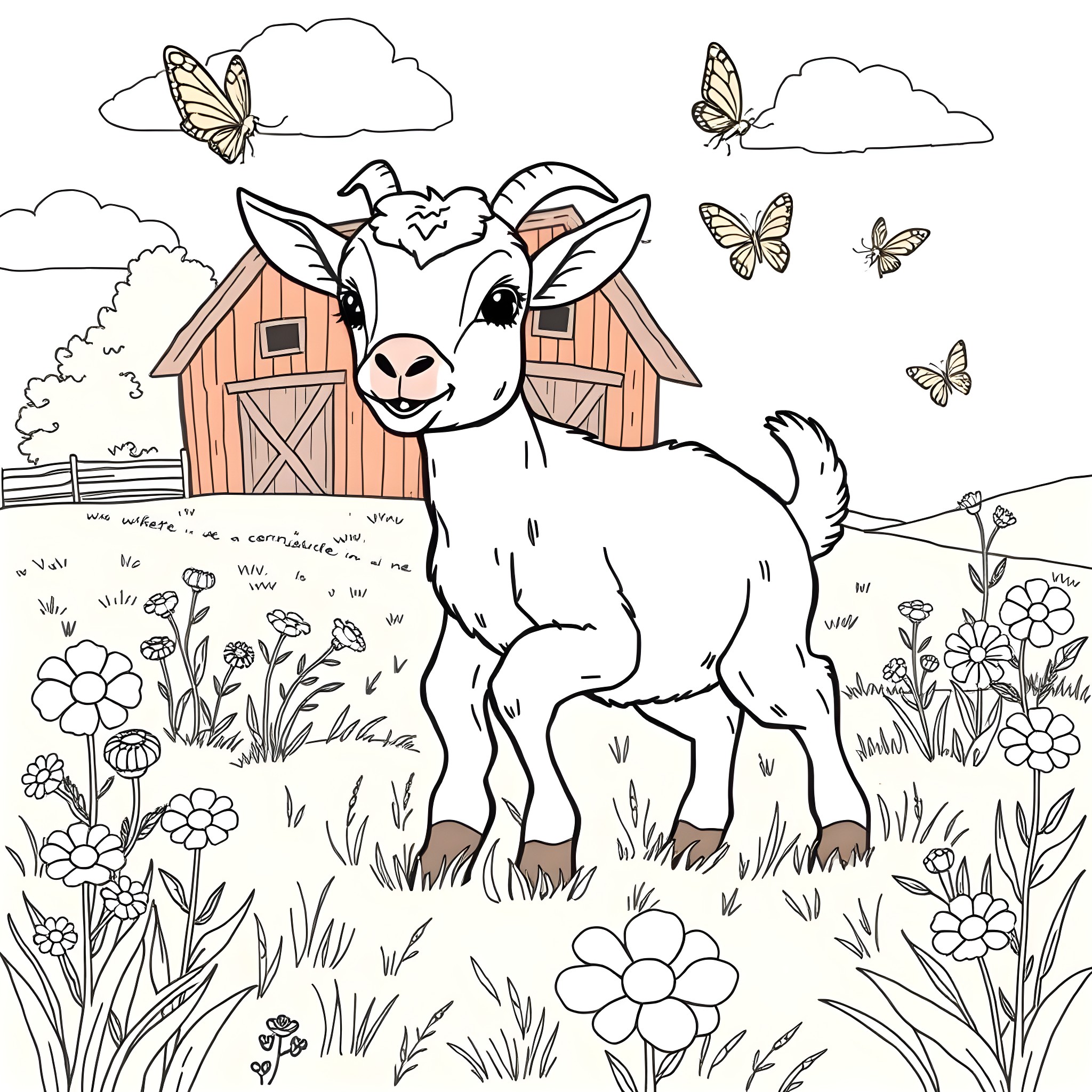 Goat standing in a pastoral scene with butterflies Coloring Page (free black-and-white line drawing printable PDF for all, from beginners to advanced learners, including children, teens, adults, and seniors)