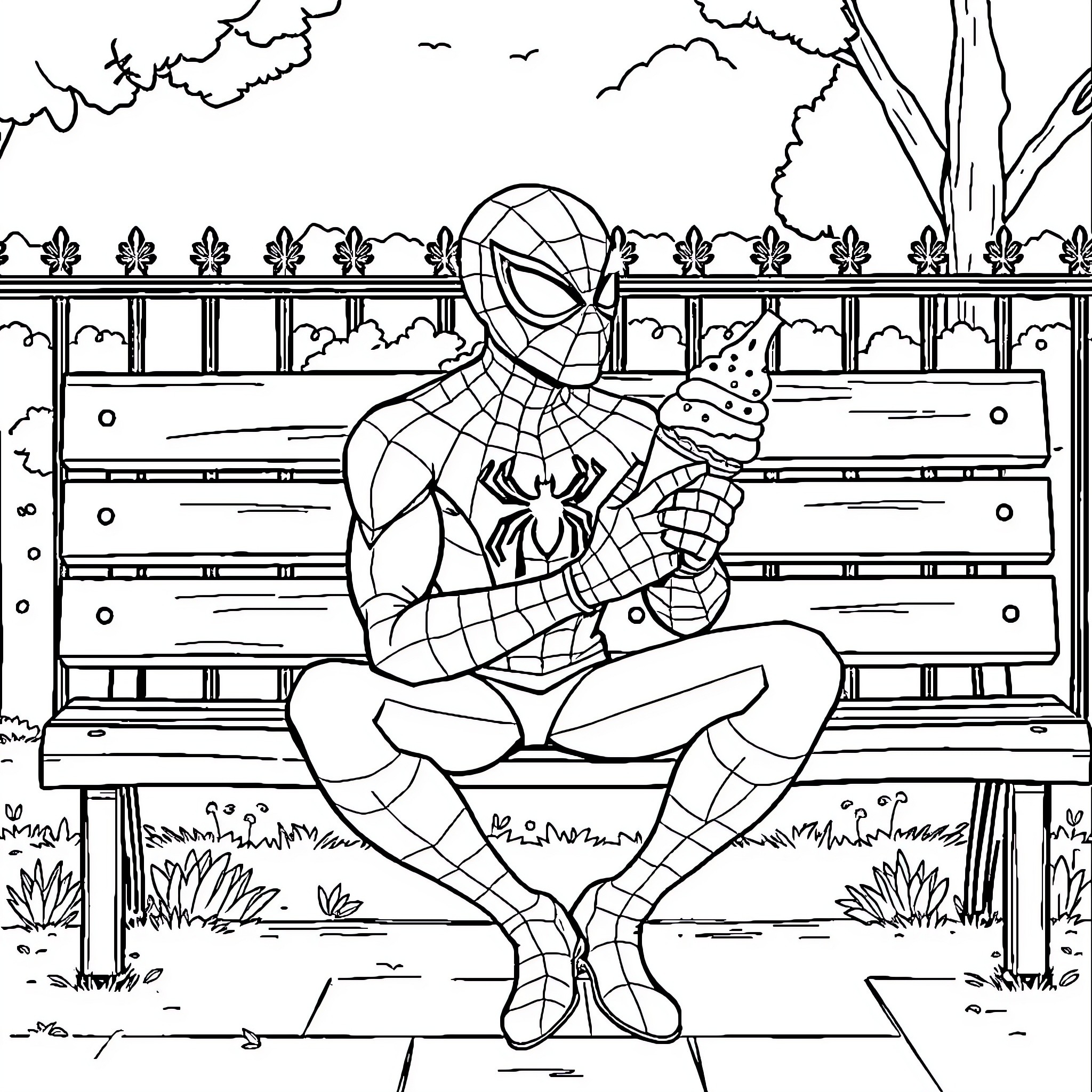 Spider-Man sitting on a bench observing the surroundings Coloring Page (free black-and-white line drawing printable PDF for all, from beginners to advanced learners, including children, teens, adults, and seniors)
