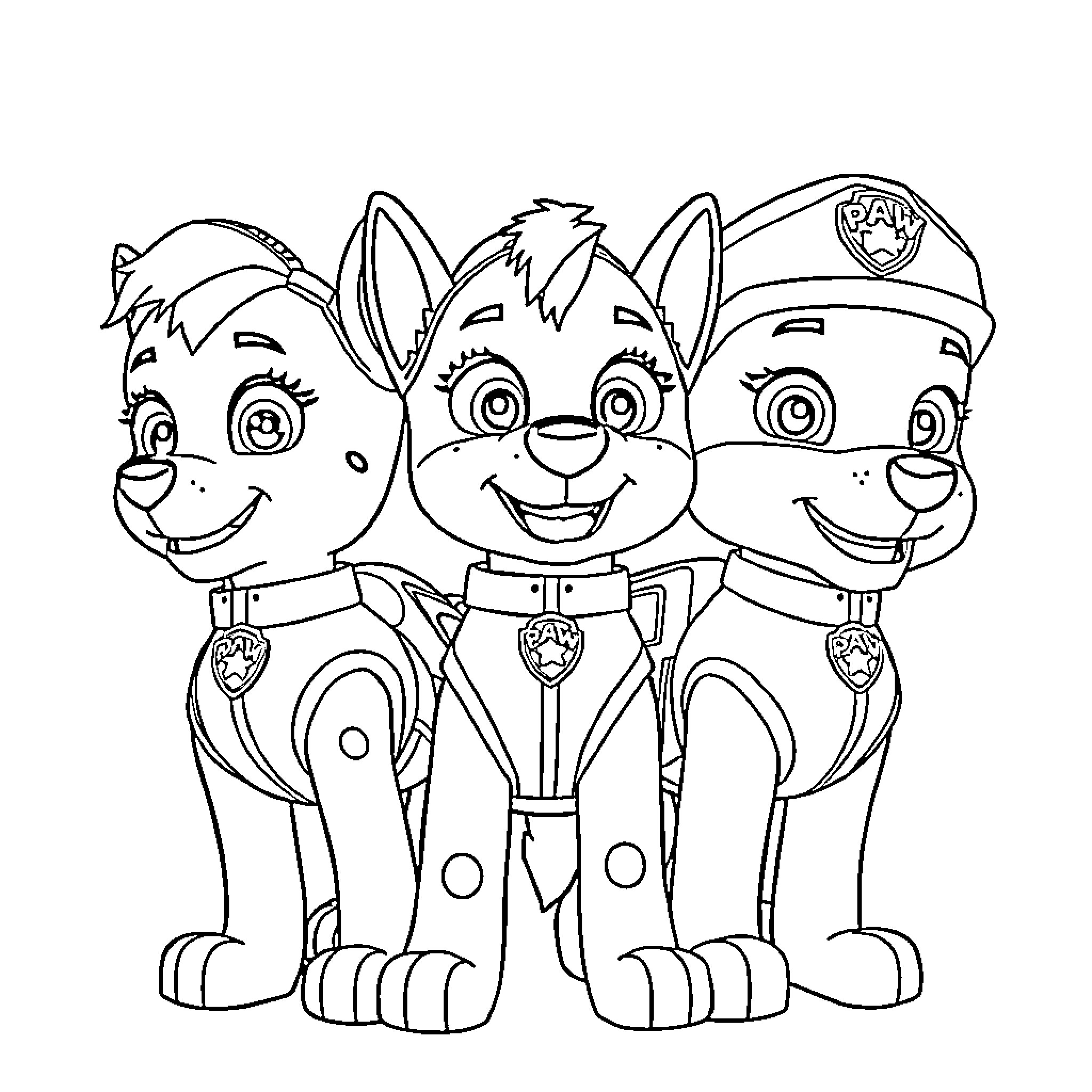 Paw Patrol pups posing together in uniform Coloring Page (free black-and-white line drawing printable PDF for all, from beginners to advanced learners, including children, teens, adults, and seniors)