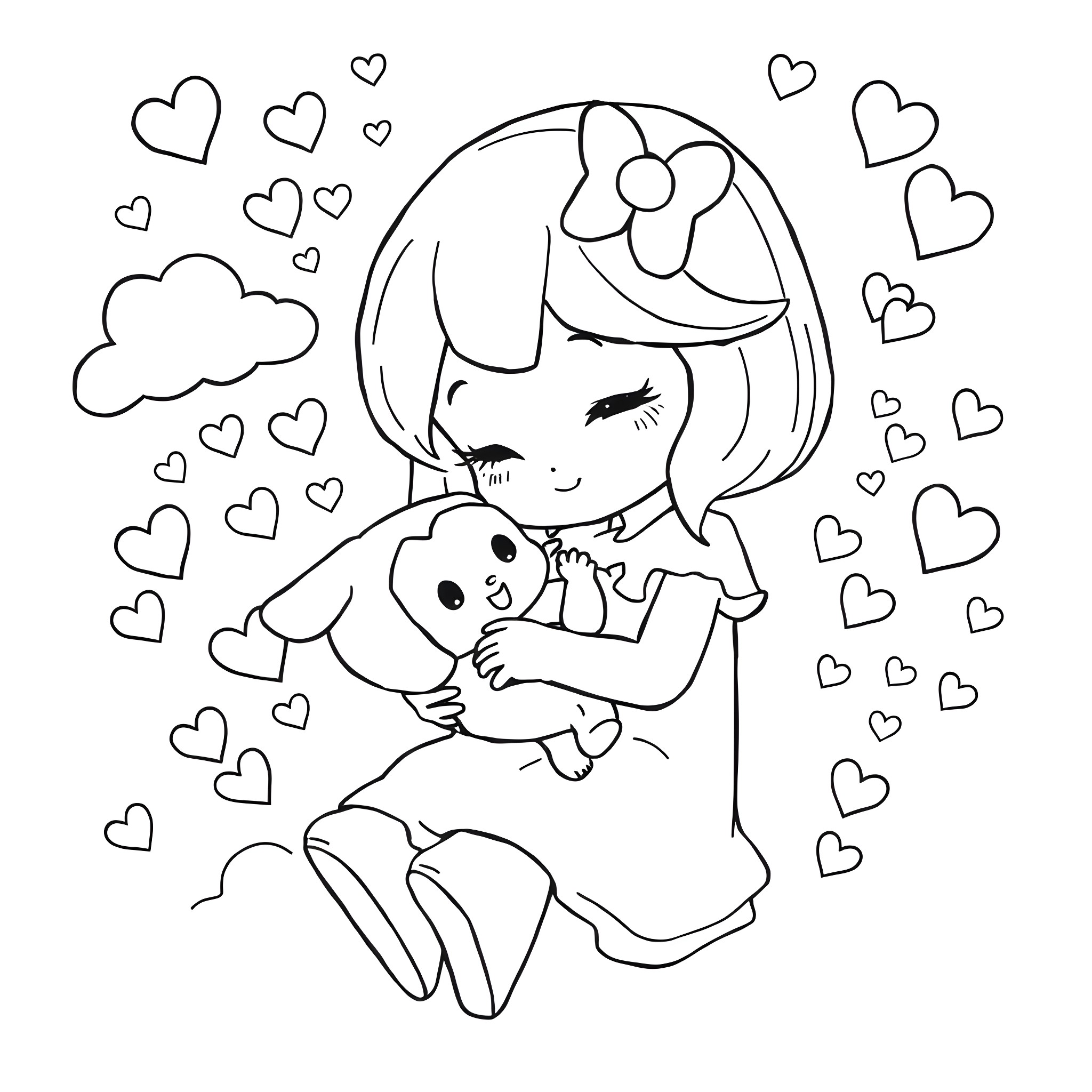 My Melody with Adorable Doll and Hearts Coloring Page (free black-and-white line drawing printable PDF for all, from beginners to advanced learners, including children, teens, adults, and seniors)