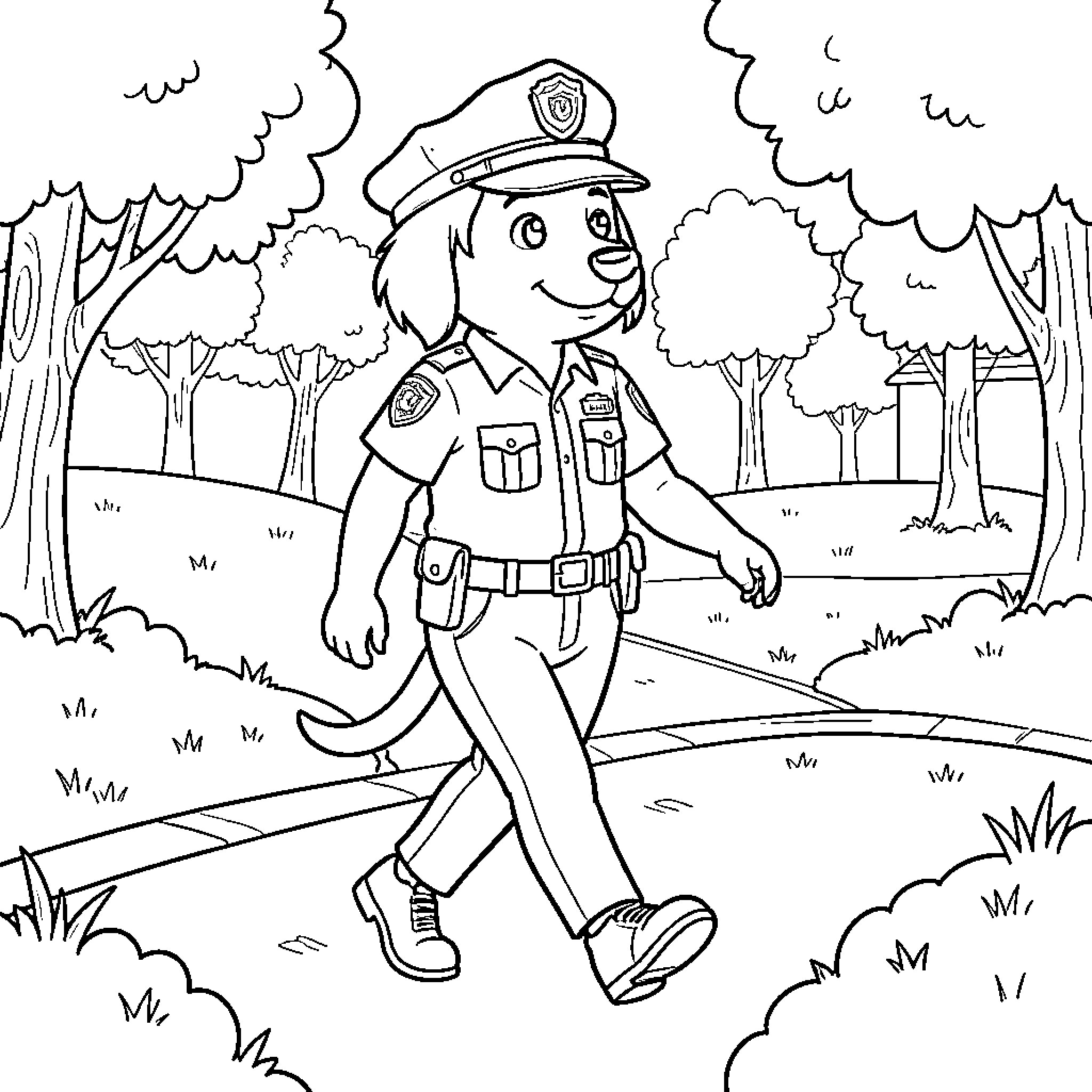Labrador police officer walking through a park Coloring Page (free black-and-white line drawing printable PDF for all, from beginners to advanced learners, including children, teens, adults, and seniors)
