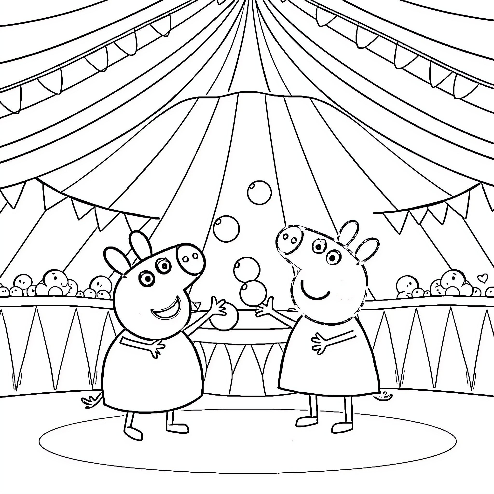 Bluey and Peppa Pig at the Carnival Coloring Page (free black-and-white line drawing printable PDF for all, from beginners to advanced learners, including children, teens, adults, and seniors)