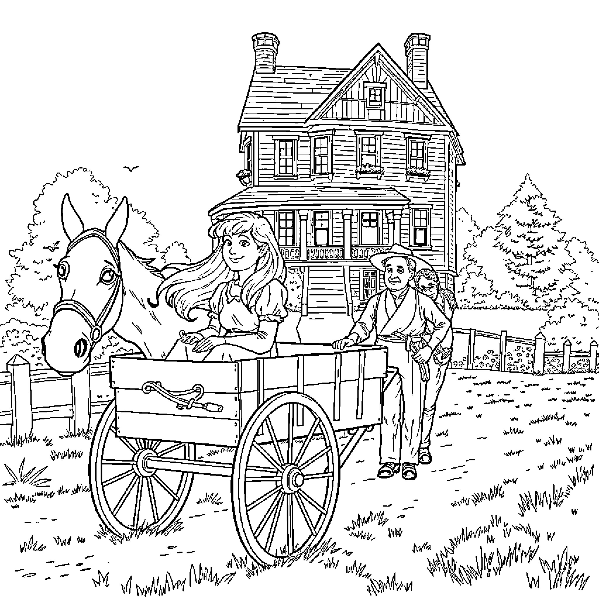 Anne of Green Gables riding a horse-drawn carriage Coloring Page (free black-and-white line drawing printable PDF for all, from beginners to advanced learners, including children, teens, adults, and seniors)