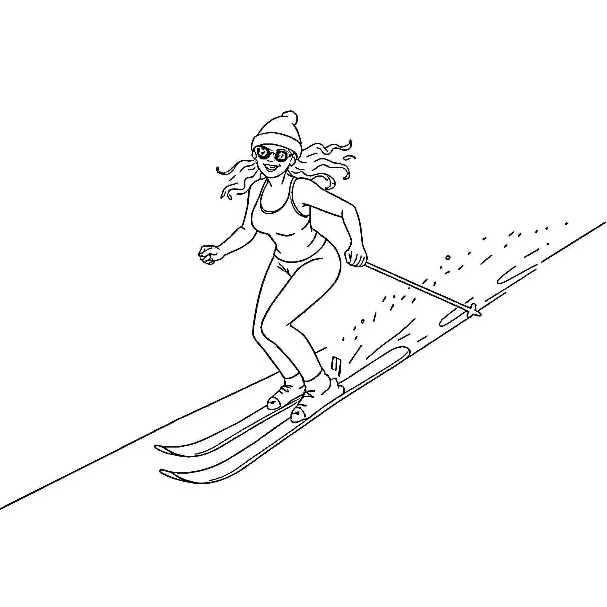 Strawberry Skier Gliding Down the Slope Coloring Page (free black-and-white line drawing printable PDF for all, from beginners to advanced learners, including children, teens, adults, and seniors)