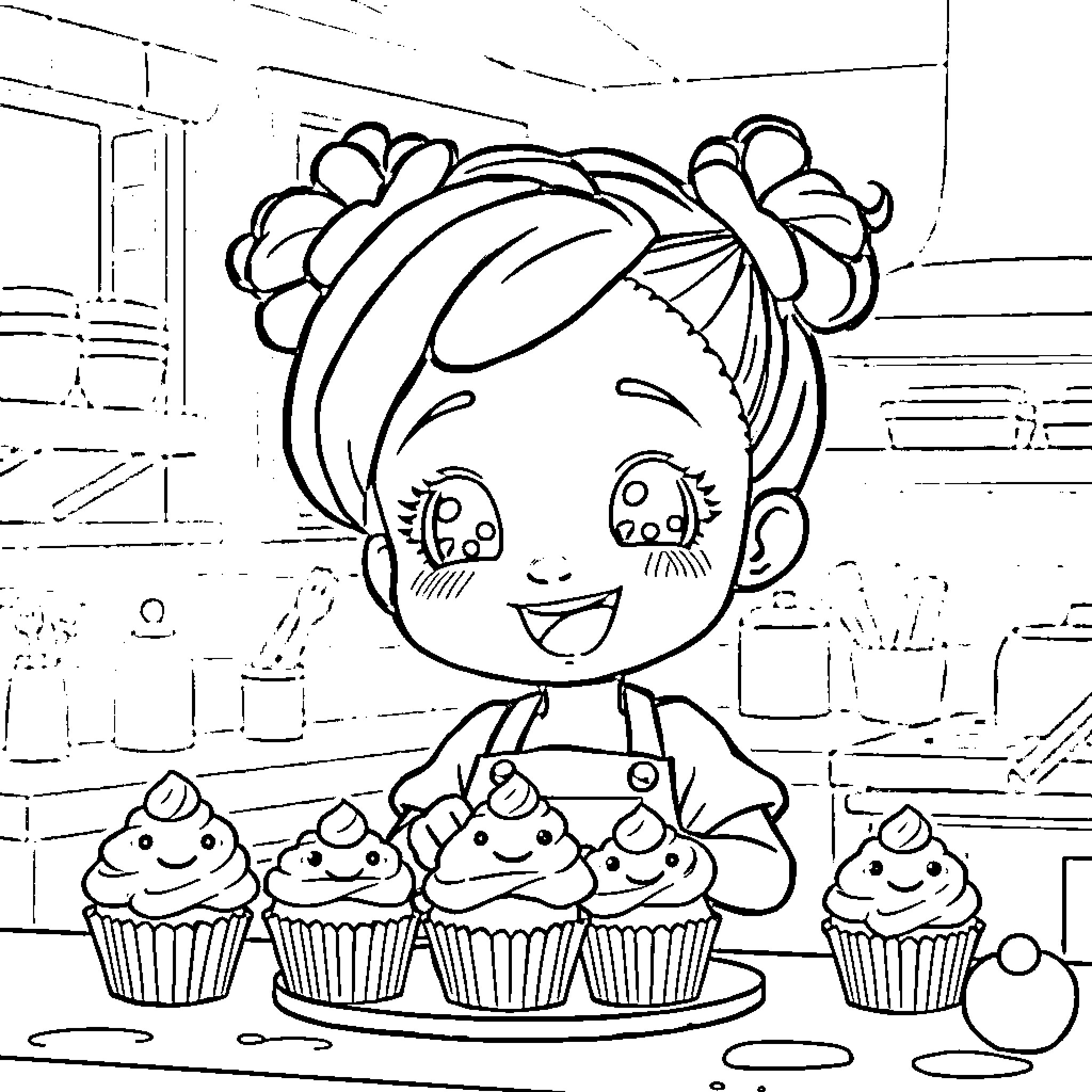 Girl baking cupcakes happily in the kitchen Coloring Page (free black-and-white line drawing printable PDF for all, from beginners to advanced learners, including children, teens, adults, and seniors)