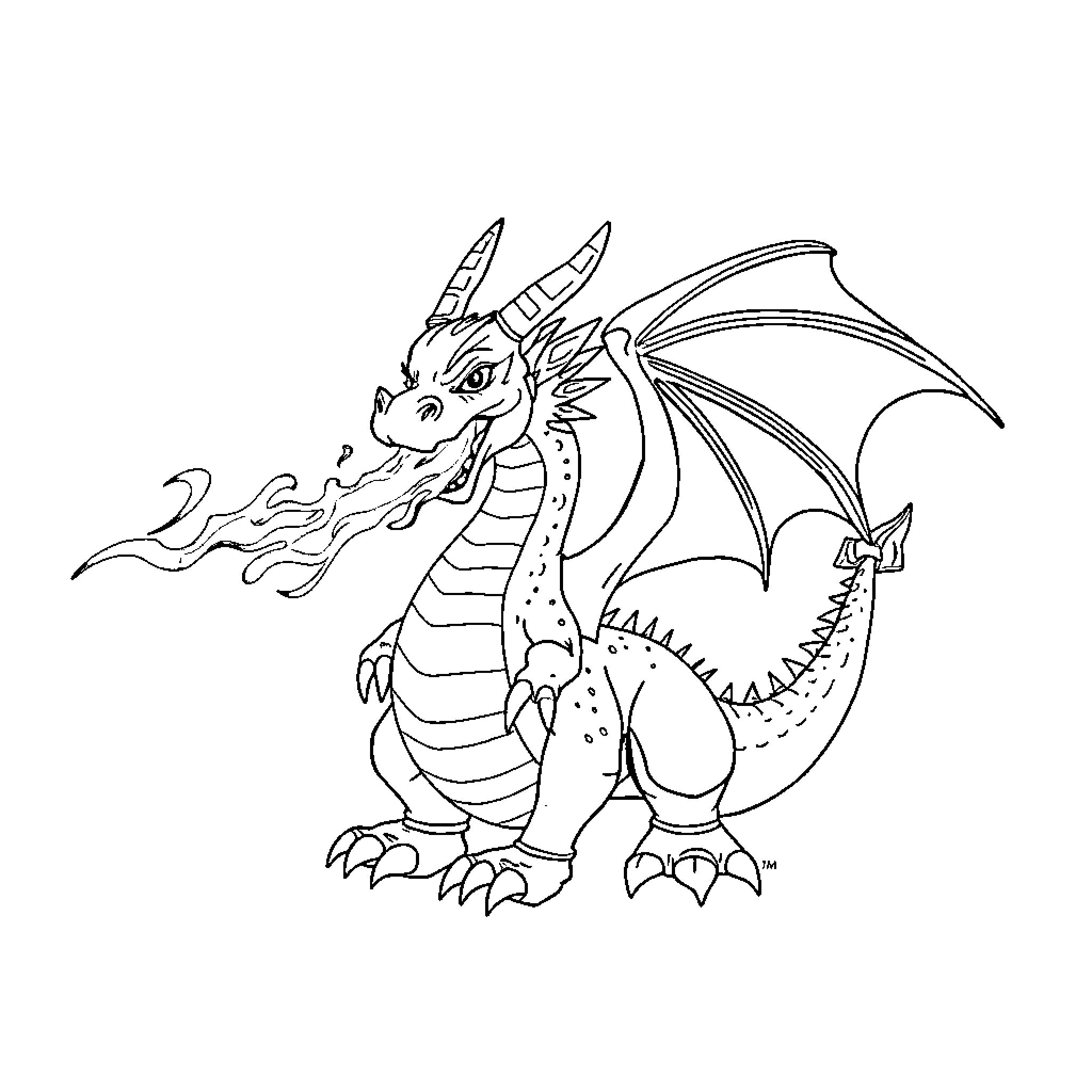 Dragon breathing fire with fierce expression Coloring Page (free black-and-white line drawing printable PDF for all, from beginners to advanced learners, including children, teens, adults, and seniors)