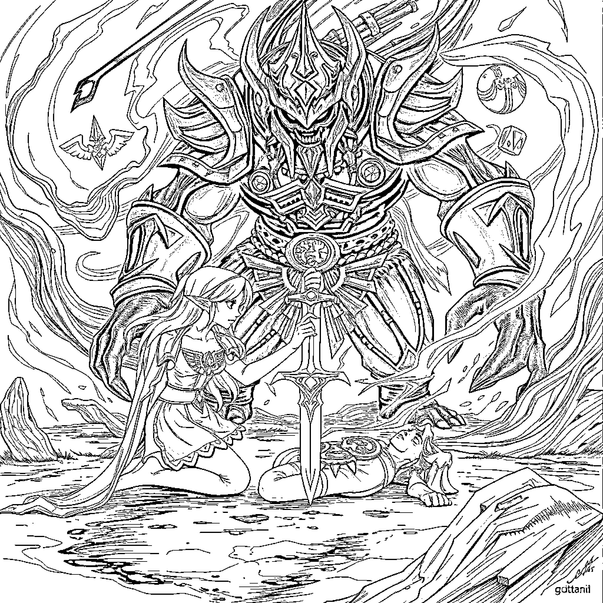 Princess Zelda Battles a Fierce Demon Warrior Coloring Page (free black-and-white line drawing printable PDF for all, from beginners to advanced learners, including children, teens, adults, and seniors)