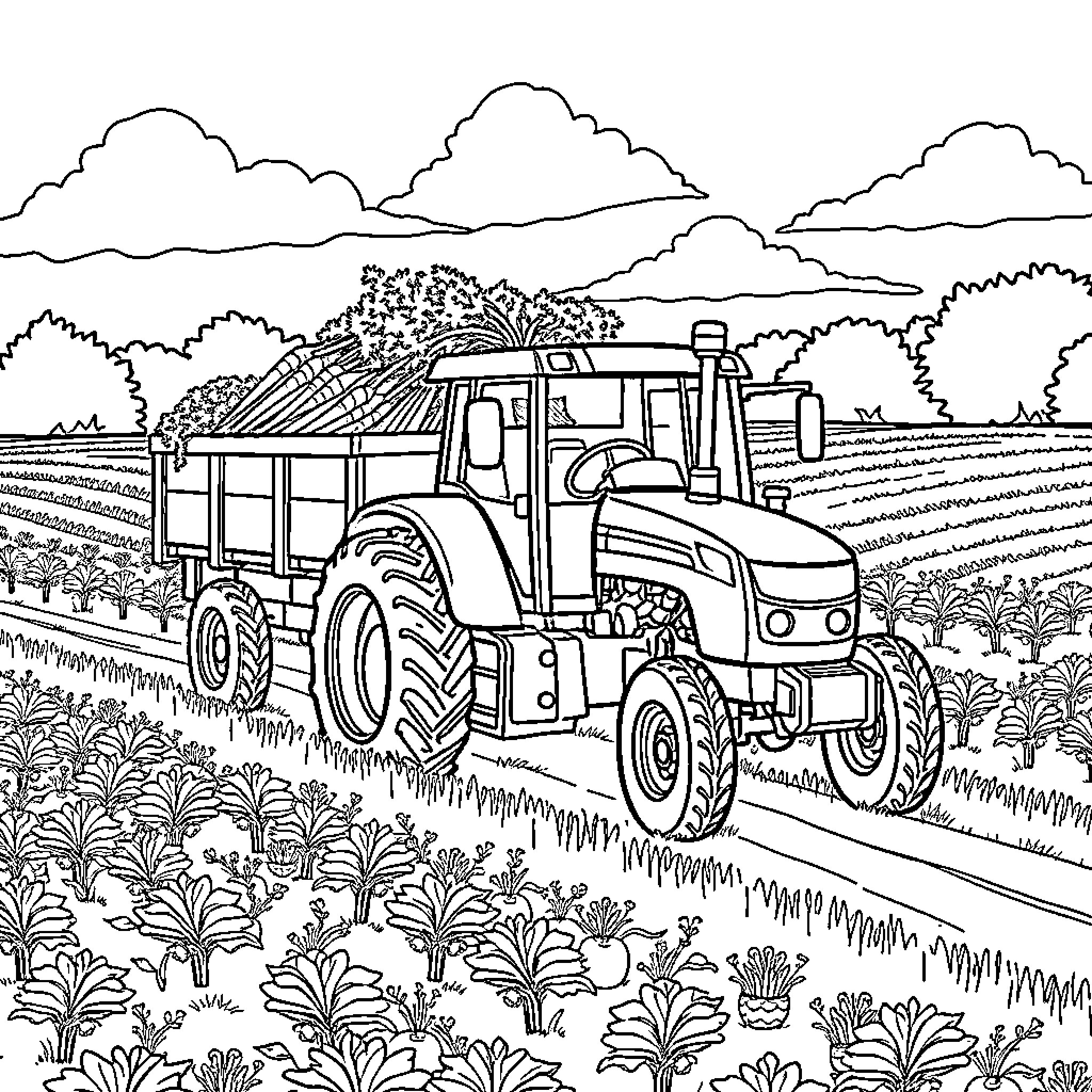 Tractor Hauling Crops on the Farm Coloring Page (free black-and-white line drawing printable PDF for all, from beginners to advanced learners, including children, teens, adults, and seniors)