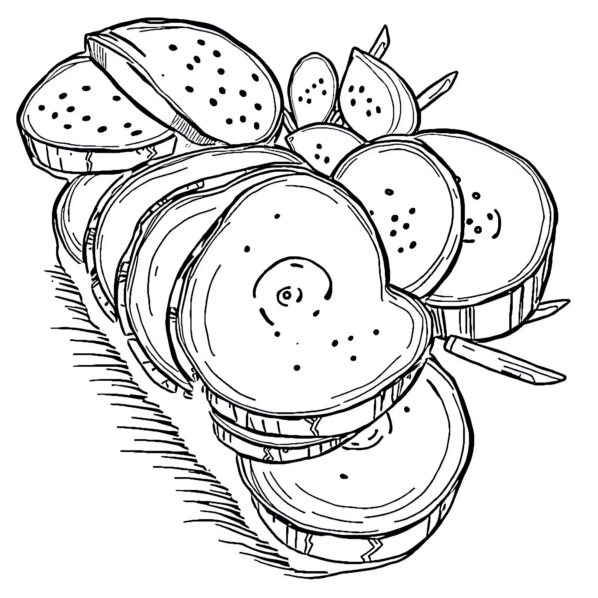 Cold Cut Deli Display with Assorted Meats Coloring Page (free black-and-white line drawing printable PDF for all, from beginners to advanced learners, including children, teens, adults, and seniors)