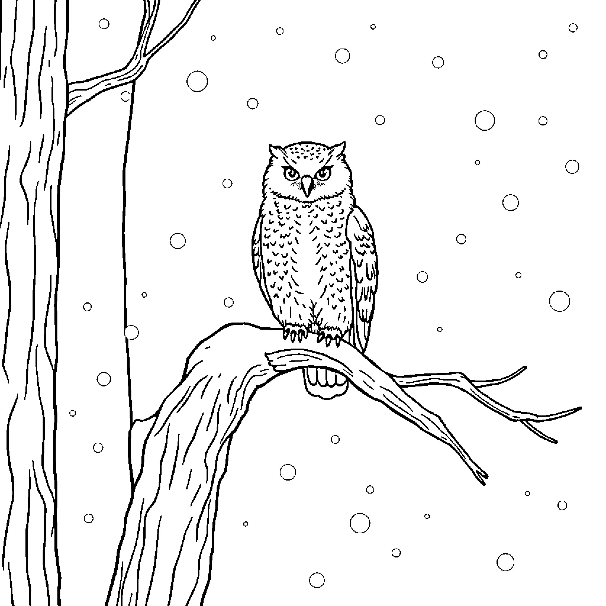 Owl perched on snowy tree branch Coloring Page (free black-and-white line drawing printable PDF for all, from beginners to advanced learners, including children, teens, adults, and seniors)