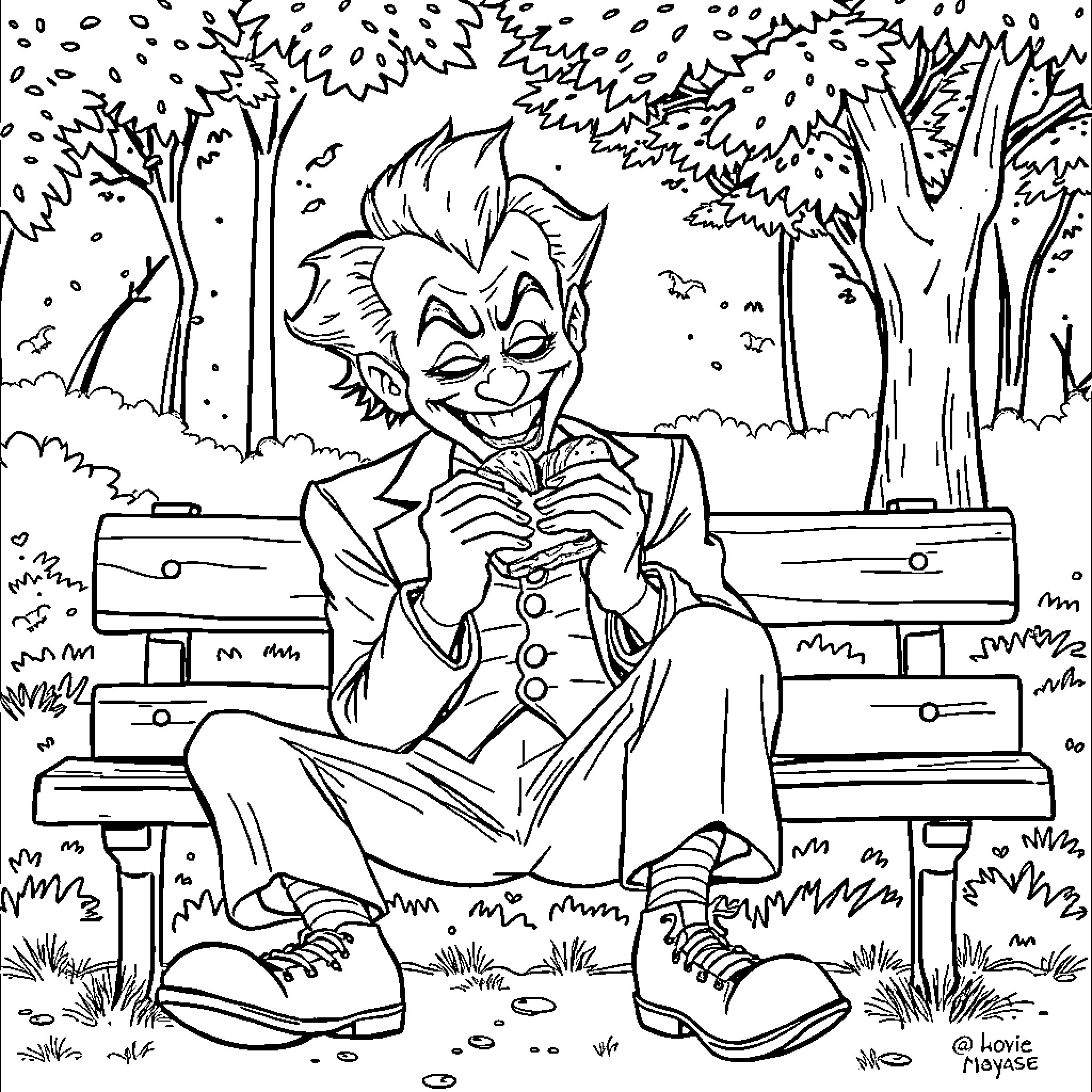 Joker's Mischievous Antics in the Park Coloring Page (free black-and-white line drawing printable PDF for all, from beginners to advanced learners, including children, teens, adults, and seniors)