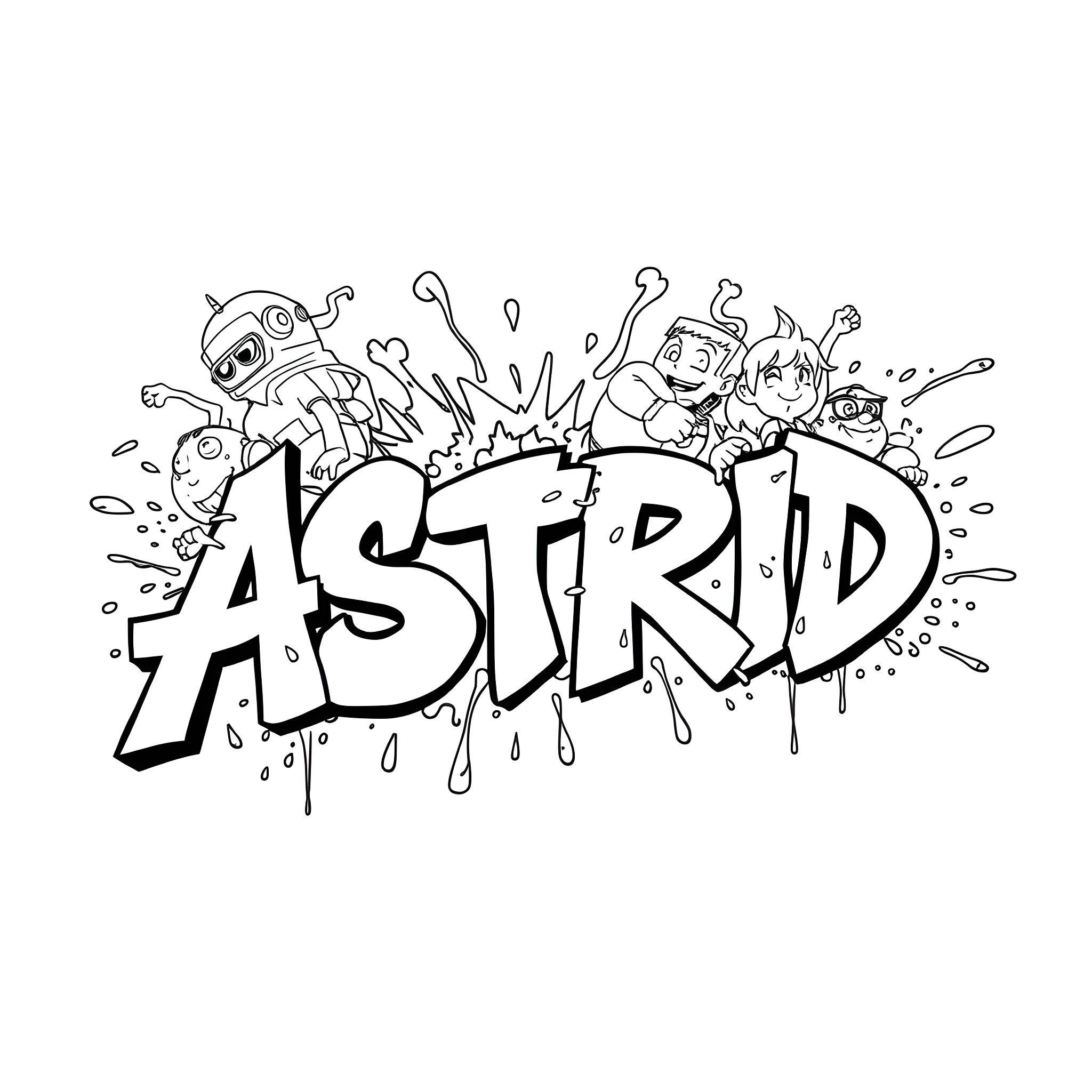 Astrid and the Fearless Cartoon Crew Coloring Page (free black-and-white line drawing printable PDF for all, from beginners to advanced learners, including children, teens, adults, and seniors)