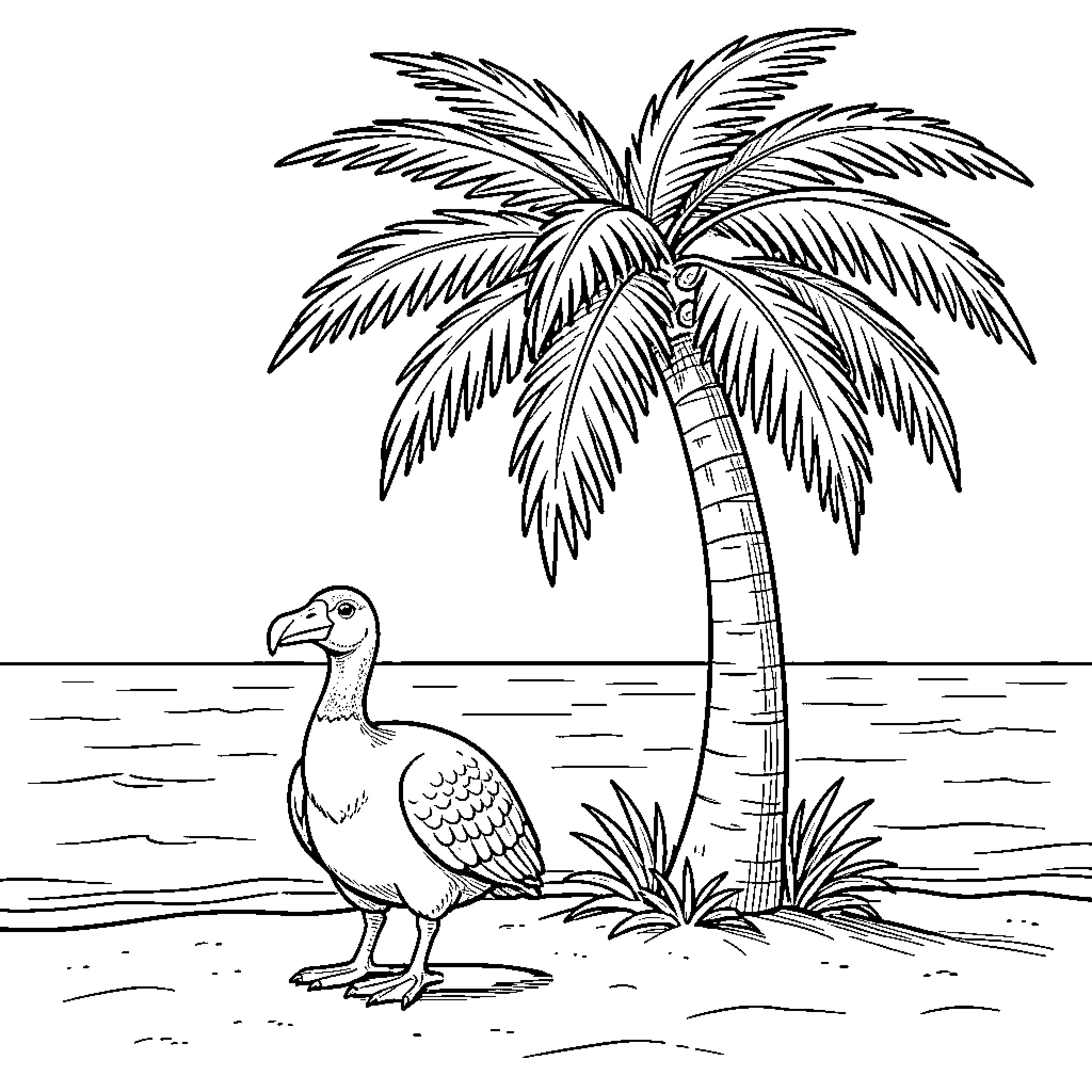 Dodo standing on a beach near a palm tree Coloring Page (free black-and-white line drawing printable PDF for all, from beginners to advanced learners, including children, teens, adults, and seniors)
