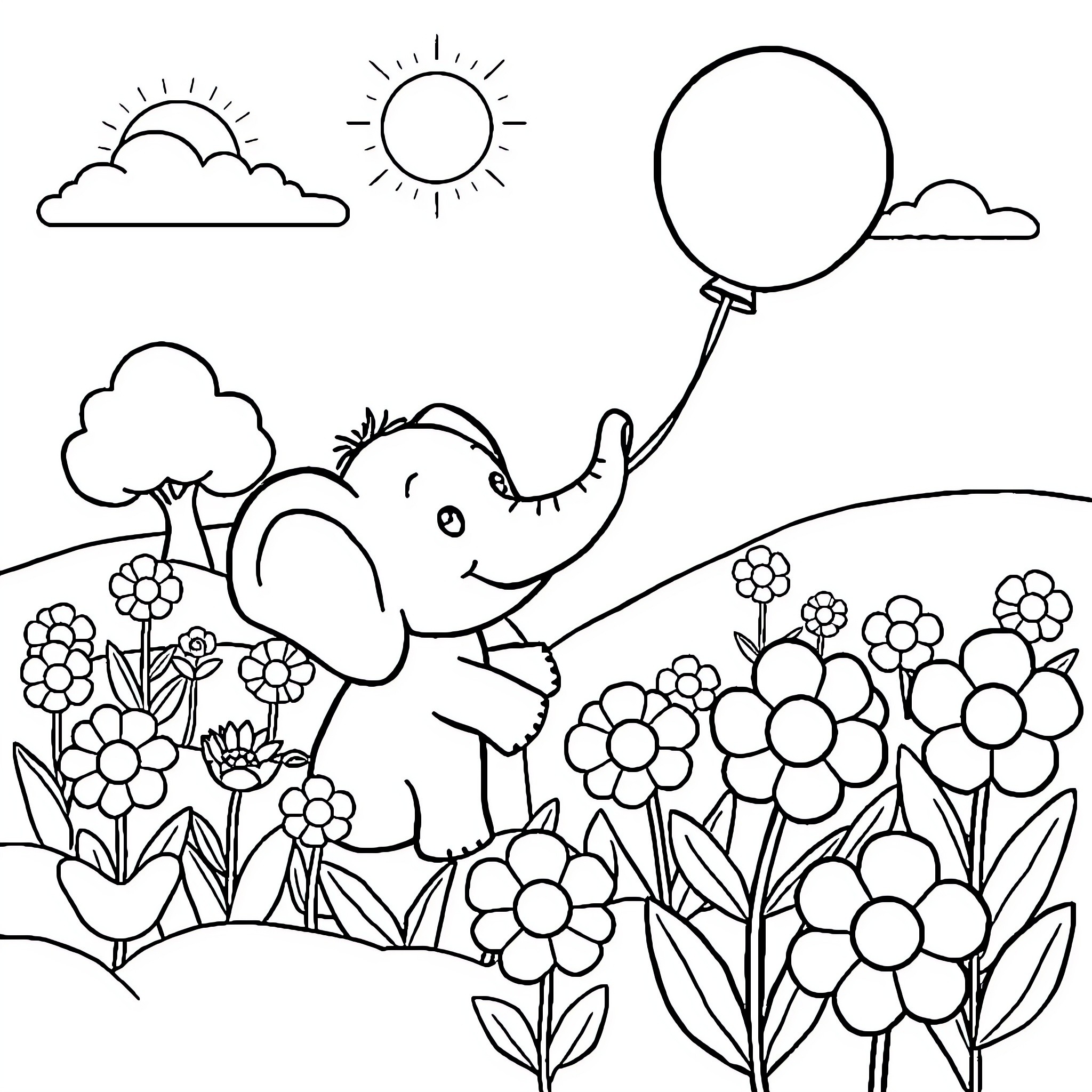 Elephant playing with balloon in flower garden Coloring Page (free black-and-white line drawing printable PDF for all, from beginners to advanced learners, including children, teens, adults, and seniors)