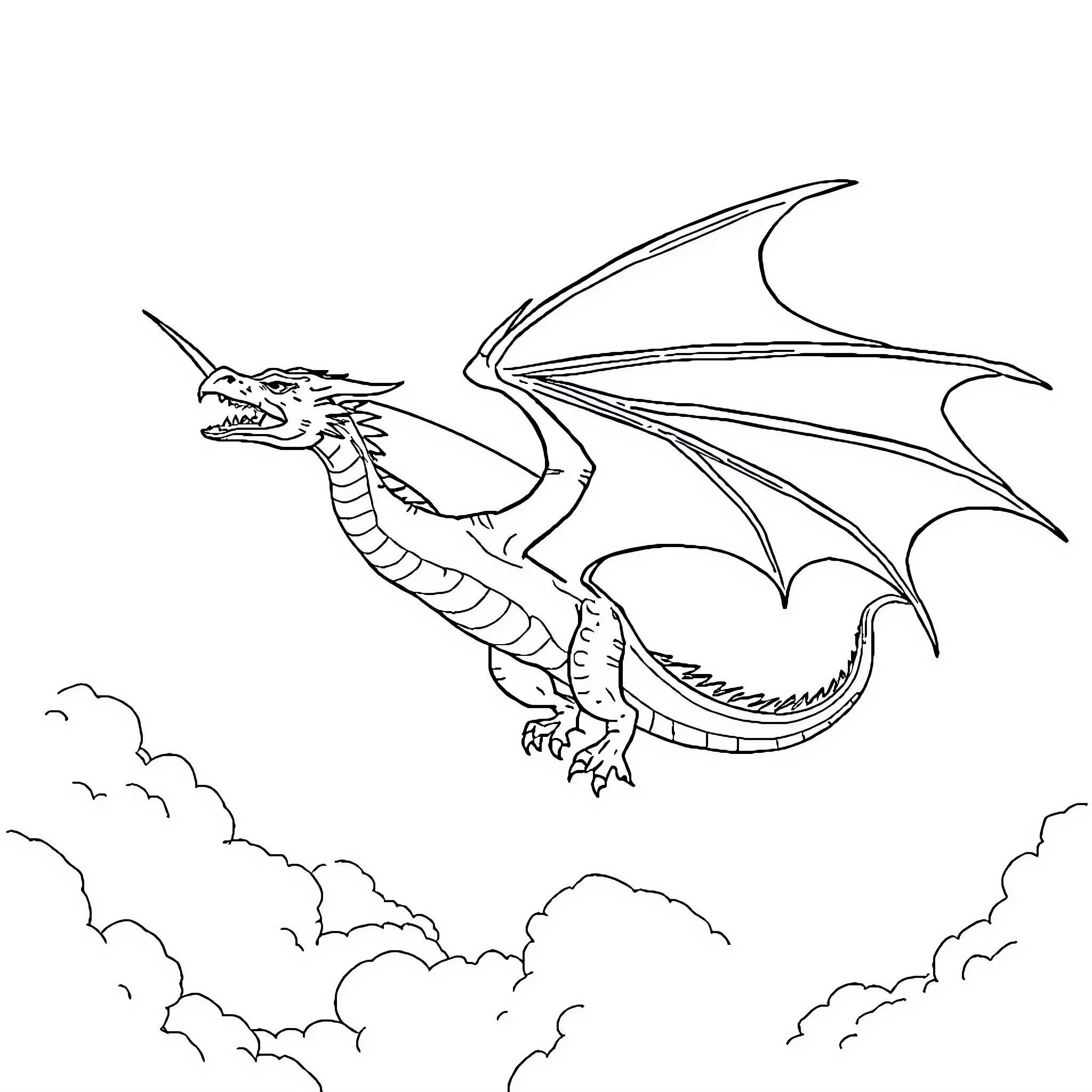 Dragon soaring through the cloudy skies Coloring Page (free black-and-white line drawing printable PDF for all, from beginners to advanced learners, including children, teens, adults, and seniors)