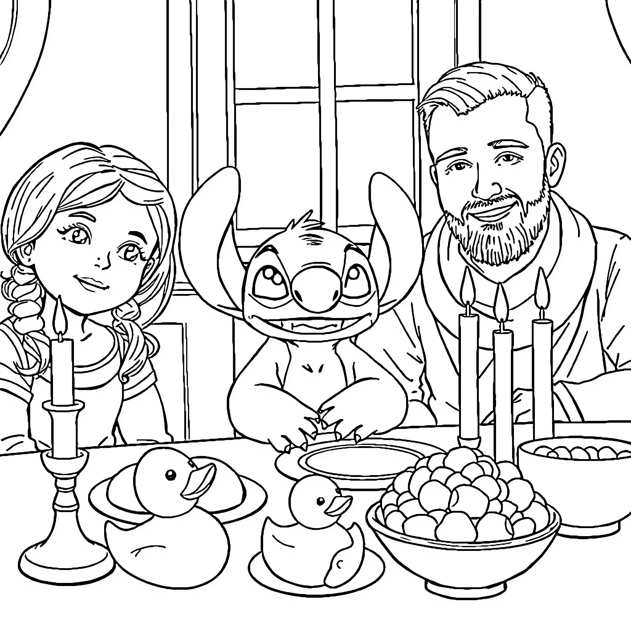 Stitch celebrates a festive family gathering Coloring Page (free black-and-white line drawing printable PDF for all, from beginners to advanced learners, including children, teens, adults, and seniors)