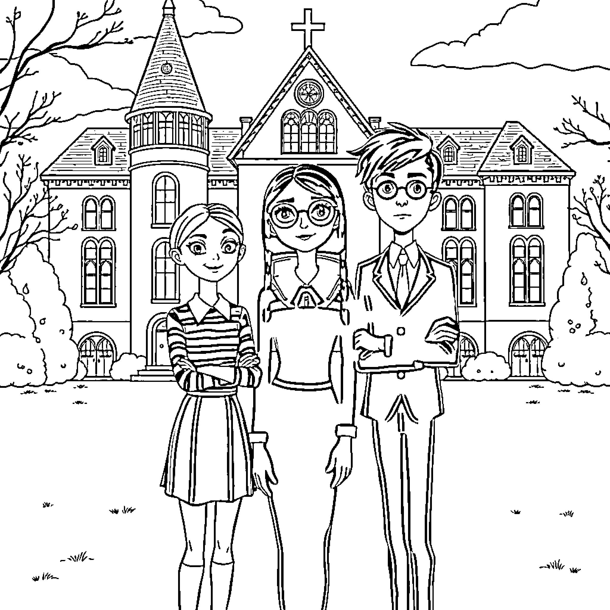Wednesday Students in Front of a Gothic School Coloring Page (free black-and-white line drawing printable PDF for all, from beginners to advanced learners, including children, teens, adults, and seniors)