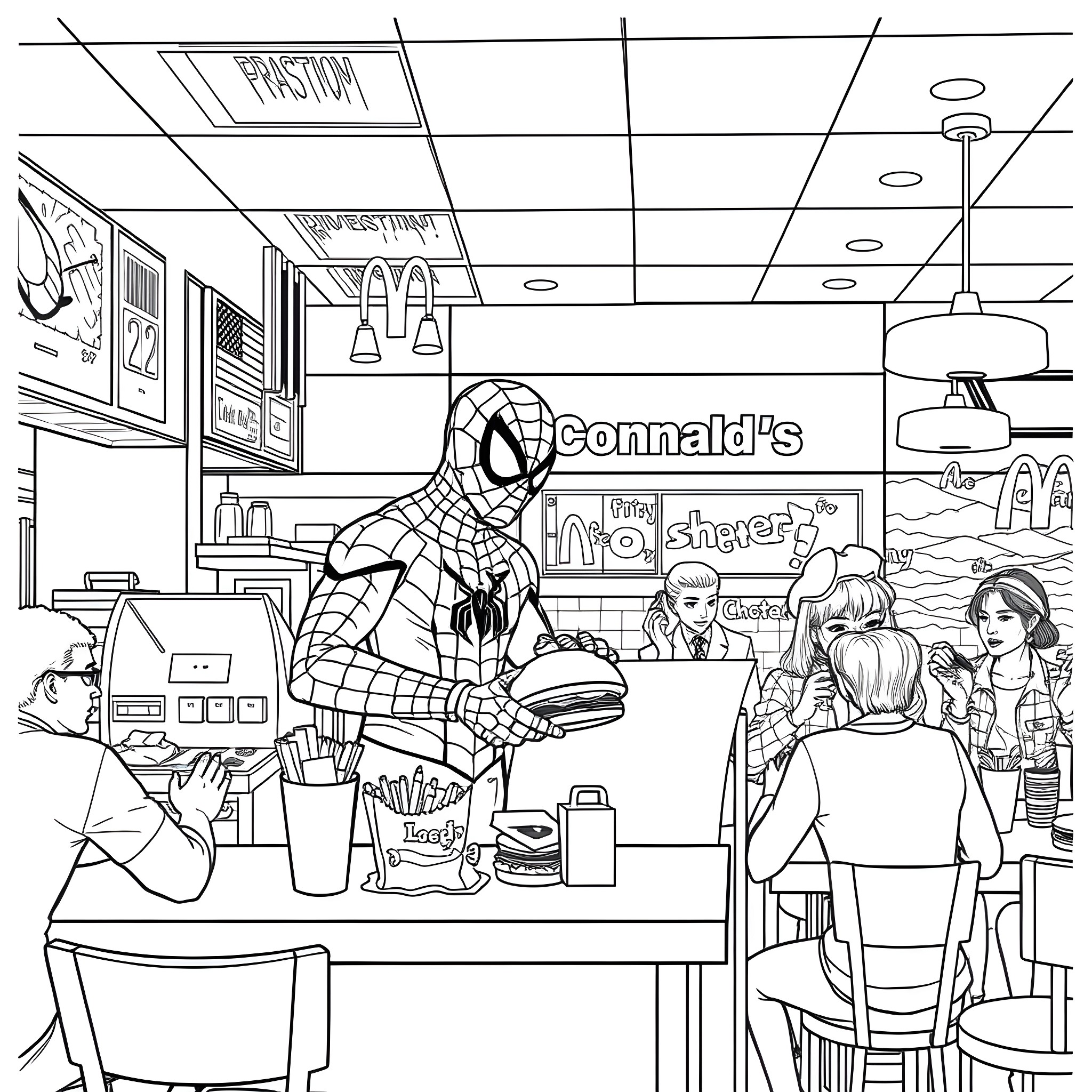 Spiderman serving customers at Connald's restaurant Coloring Page (free black-and-white line drawing printable PDF for all, from beginners to advanced learners, including children, teens, adults, and seniors)