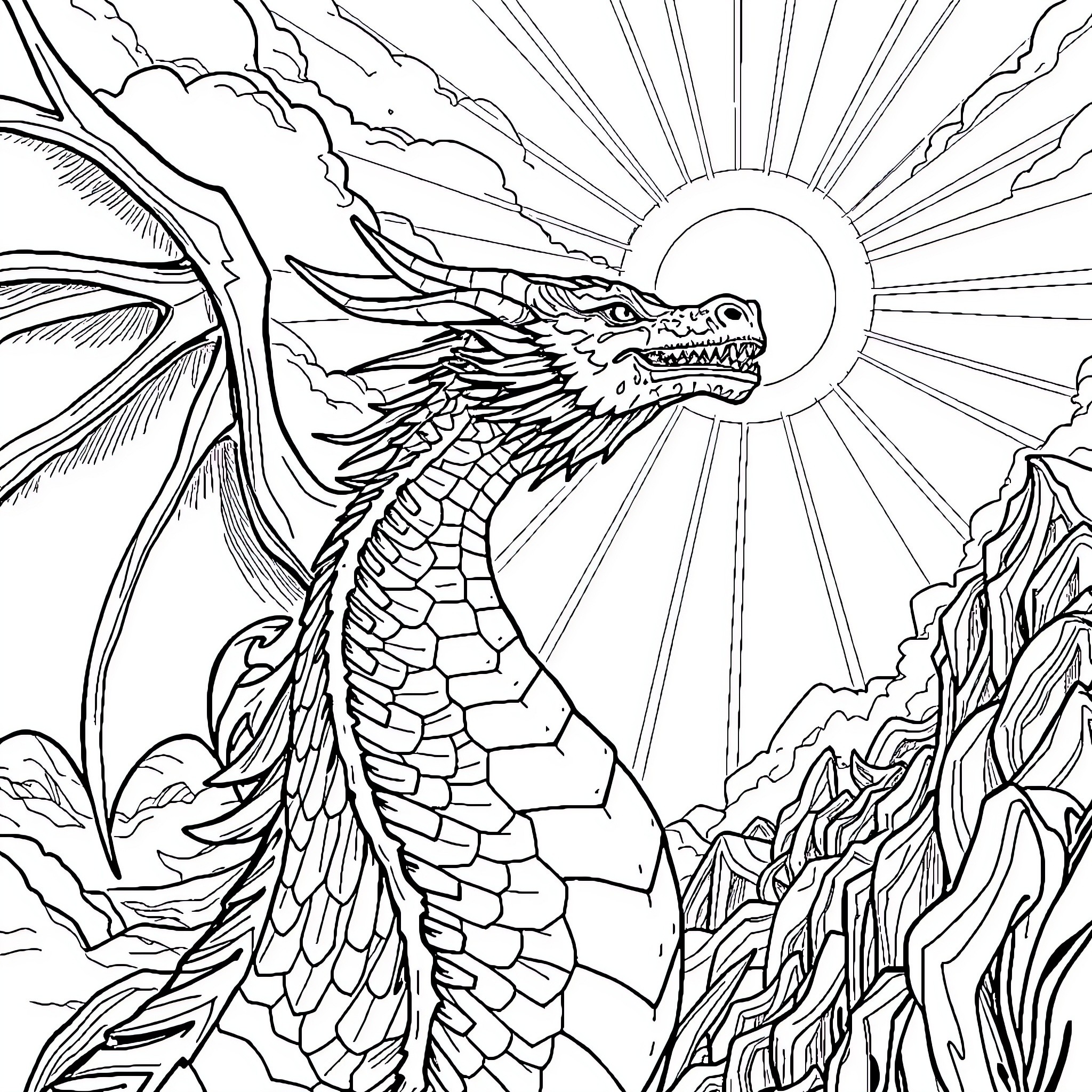 Dragon soaring in the majestic mountains Coloring Page (free black-and-white line drawing printable PDF for all, from beginners to advanced learners, including children, teens, adults, and seniors)