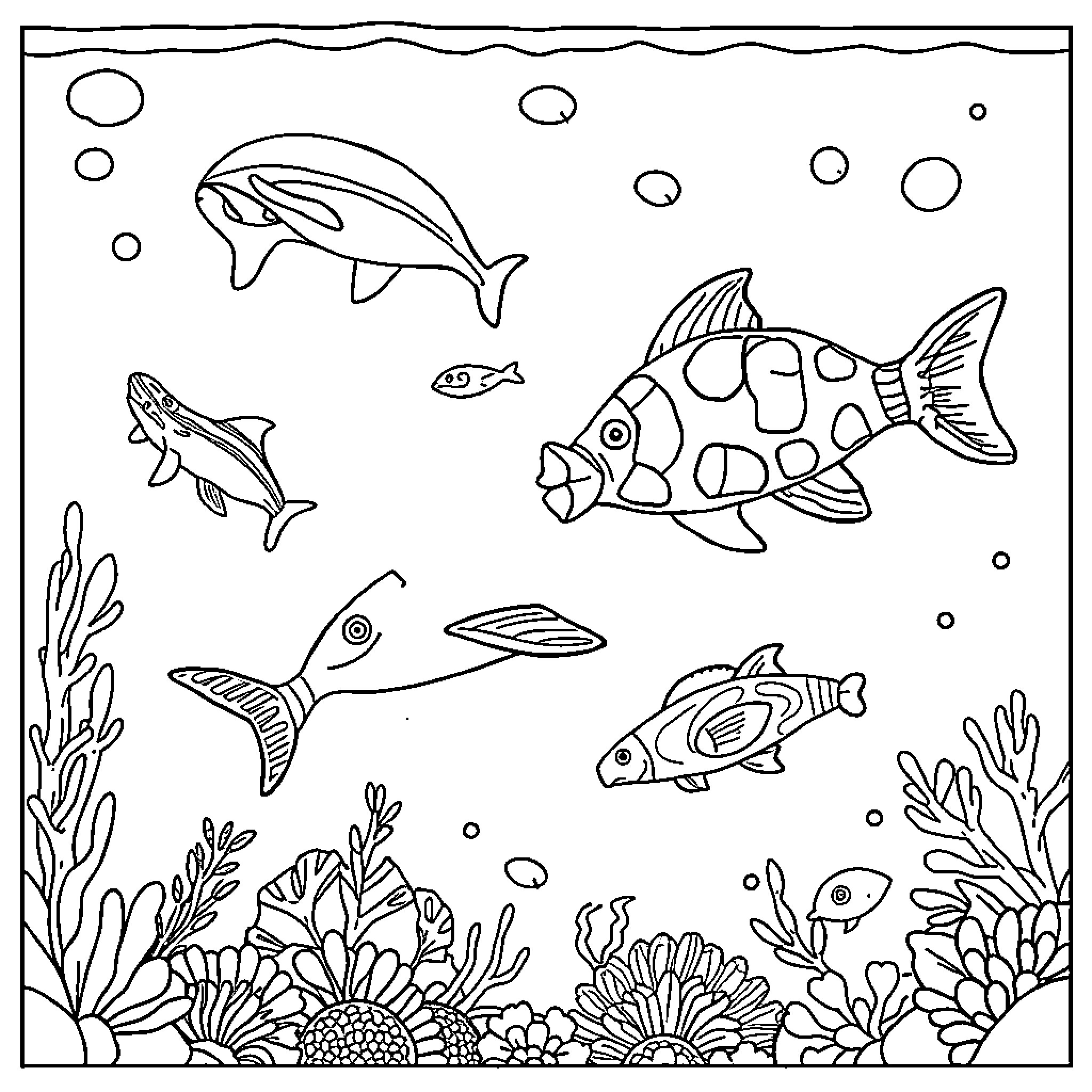 Ocean Animals in Underwater Seascape Coloring Page (free black-and-white line drawing printable PDF for all, from beginners to advanced learners, including children, teens, adults, and seniors)