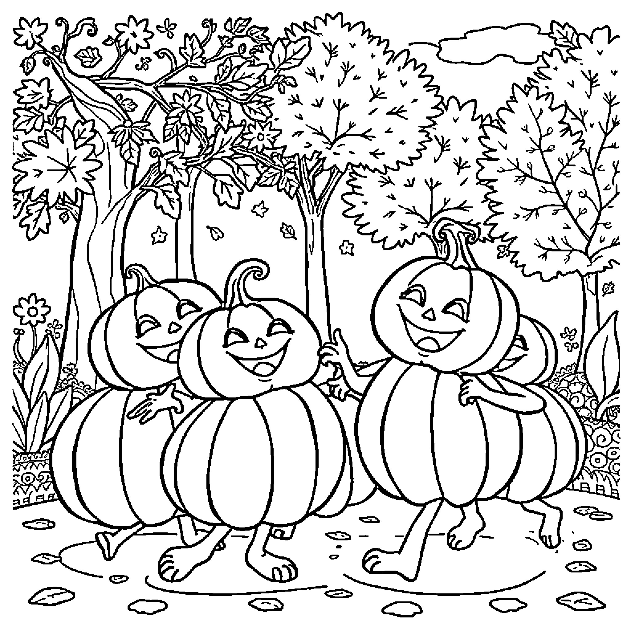 Pumpkins having a cheerful gathering in the woods Coloring Page (free black-and-white line drawing printable PDF for all, from beginners to advanced learners, including children, teens, adults, and seniors)