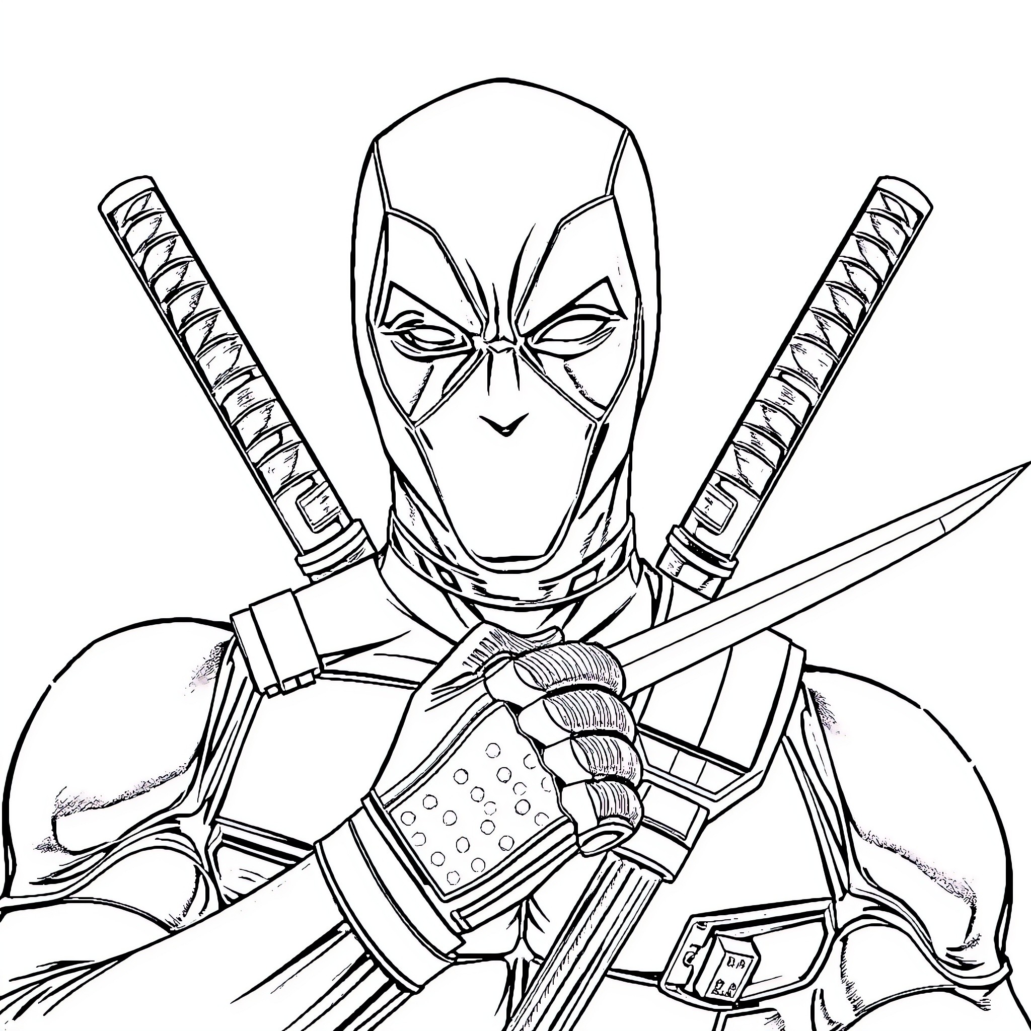 Deadpool striking heroic pose with swords drawn Coloring Page (free black-and-white line drawing printable PDF for all, from beginners to advanced learners, including children, teens, adults, and seniors)