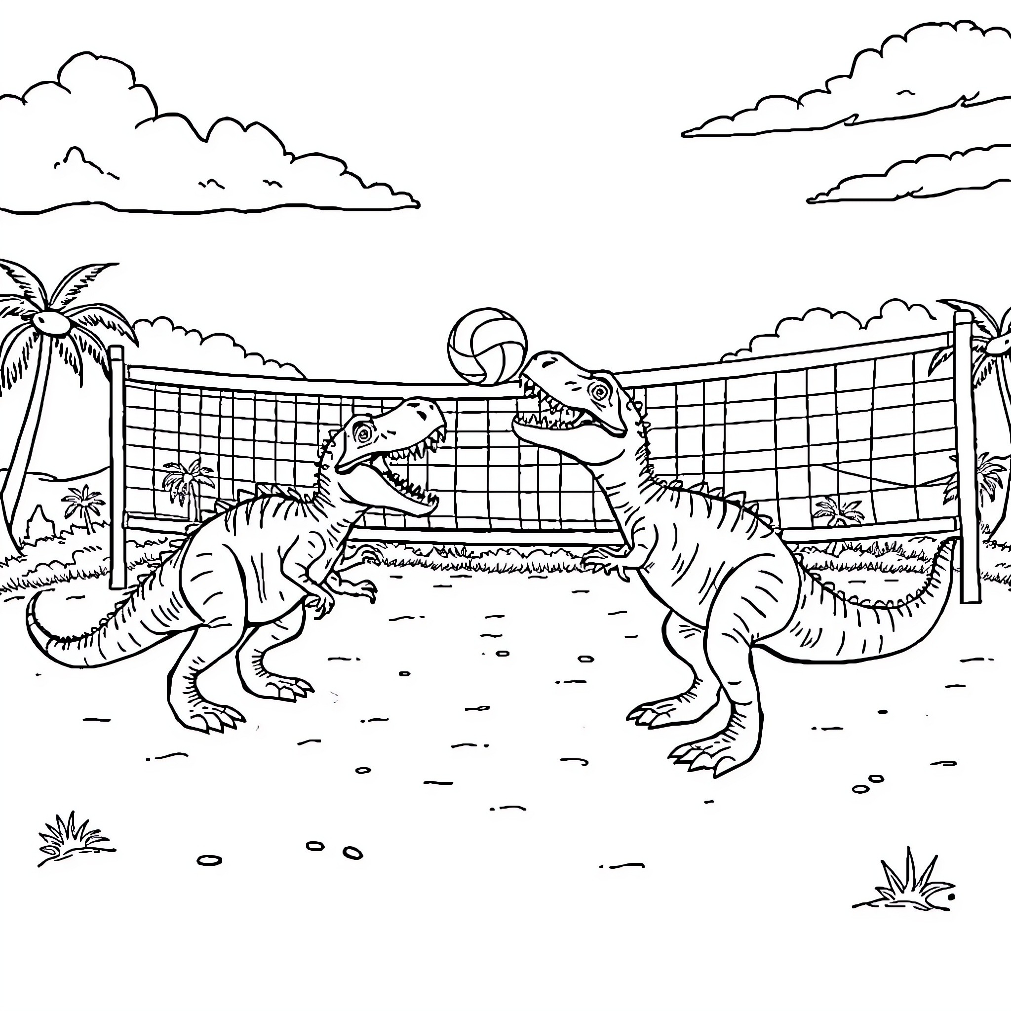 T-Rex playing volleyball on the beach Coloring Page (free black-and-white line drawing printable PDF for all, from beginners to advanced learners, including children, teens, adults, and seniors)