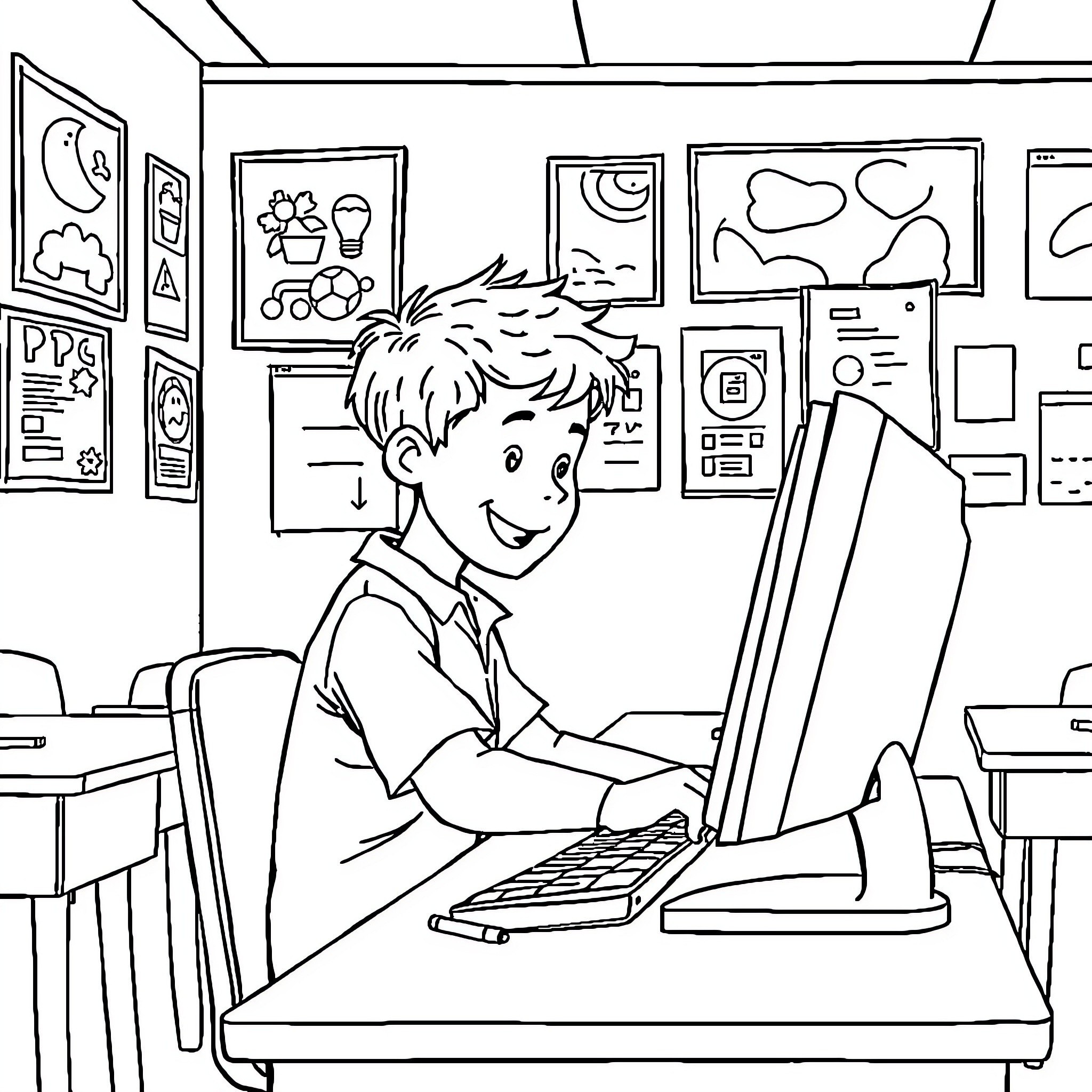 Boy working diligently on computer in classroom Coloring Page (free black-and-white line drawing printable PDF for all, from beginners to advanced learners, including children, teens, adults, and seniors)