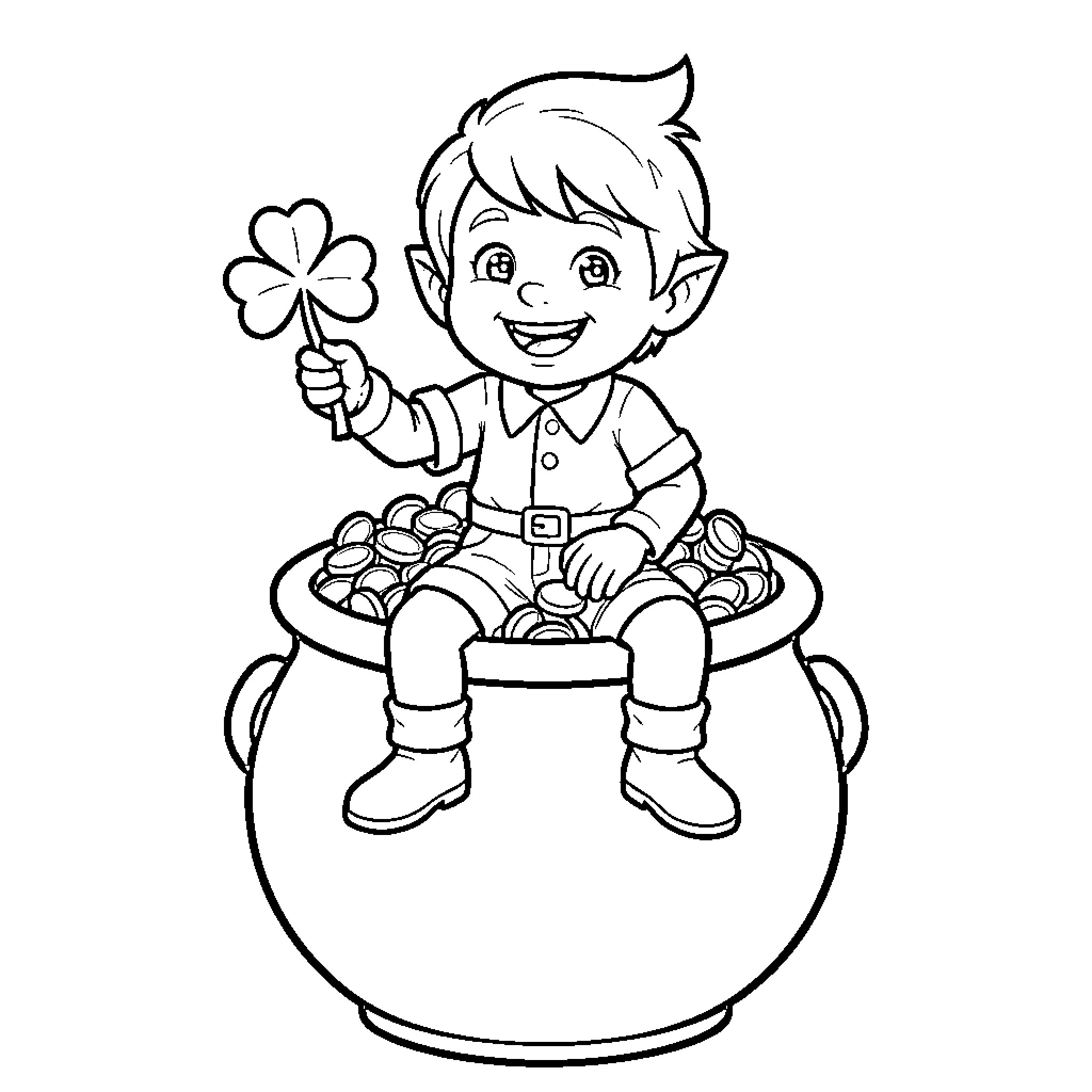 Lutin Holding Clover and Sitting in Pot Coloring Page (free black-and-white line drawing printable PDF for all, from beginners to advanced learners, including children, teens, adults, and seniors)