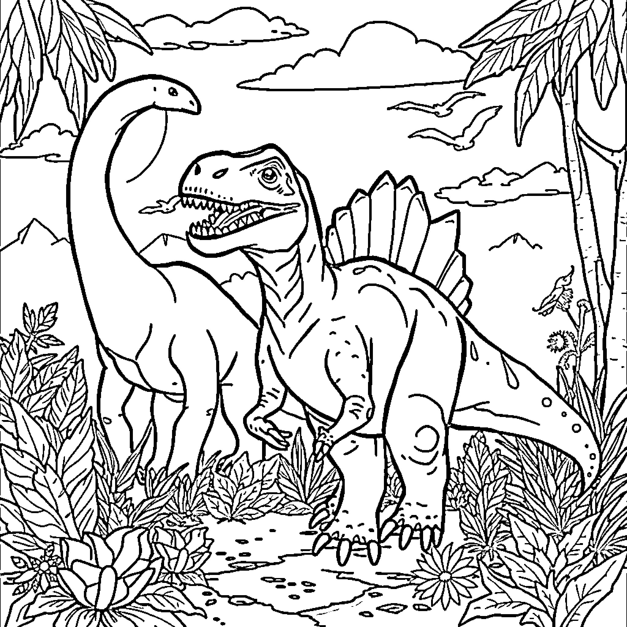 Dinosaur Roaming the Prehistoric Landscape Coloring Page (free black-and-white line drawing printable PDF for all, from beginners to advanced learners, including children, teens, adults, and seniors)