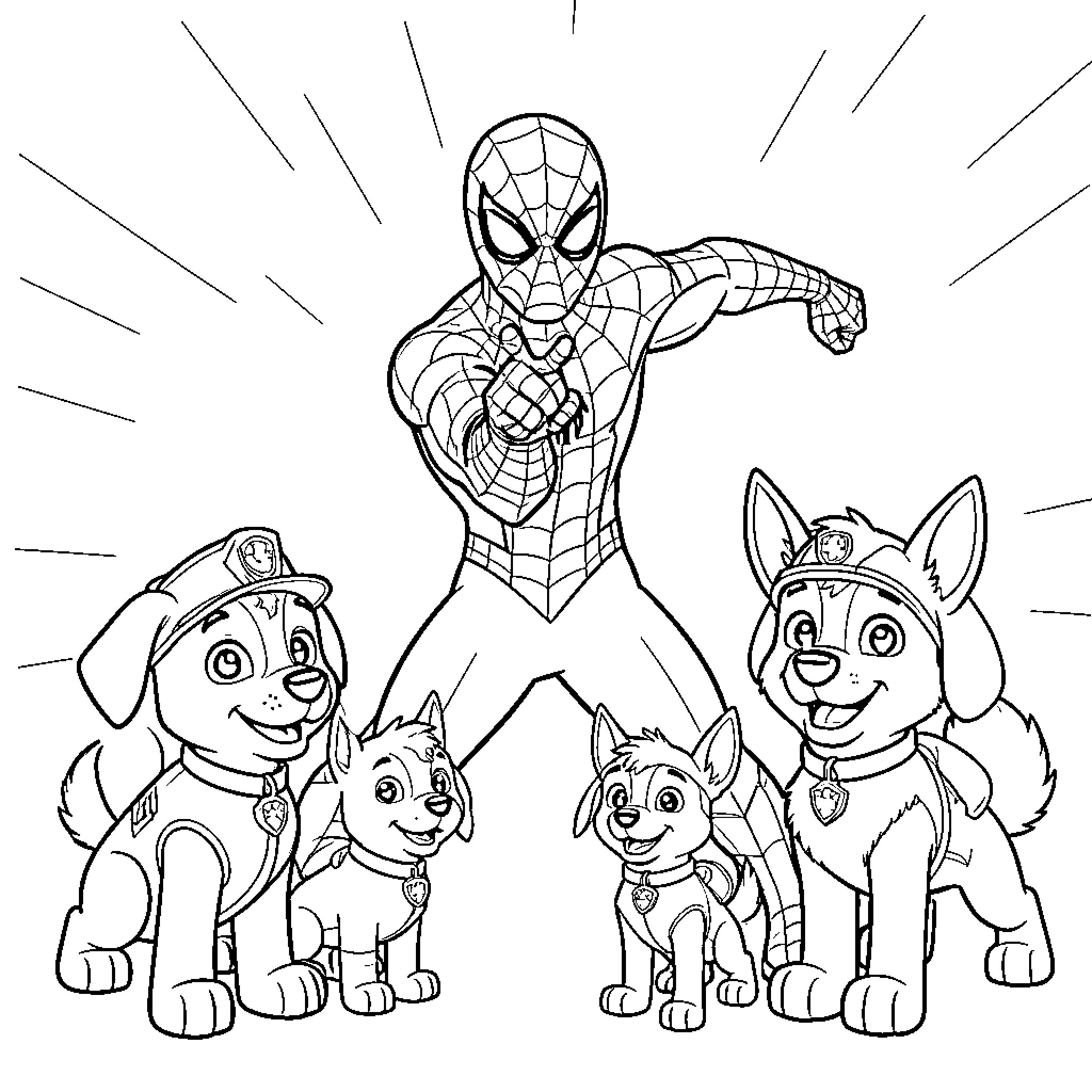 Superman and friendly puppies posing together Coloring Page (free black-and-white line drawing printable PDF for all, from beginners to advanced learners, including children, teens, adults, and seniors)