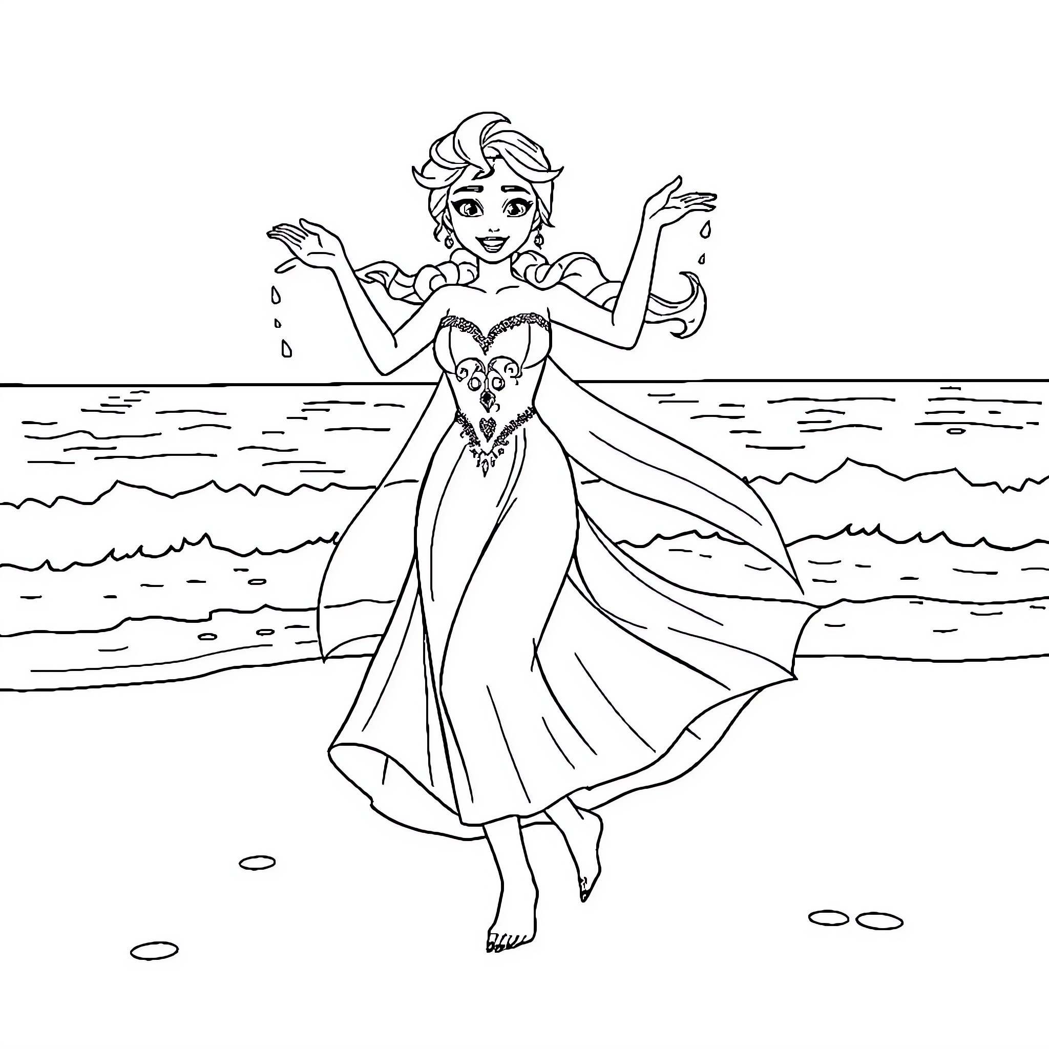 Elsa enjoying a serene day by the ocean Coloring Page (free black-and-white line drawing printable PDF for all, from beginners to advanced learners, including children, teens, adults, and seniors)