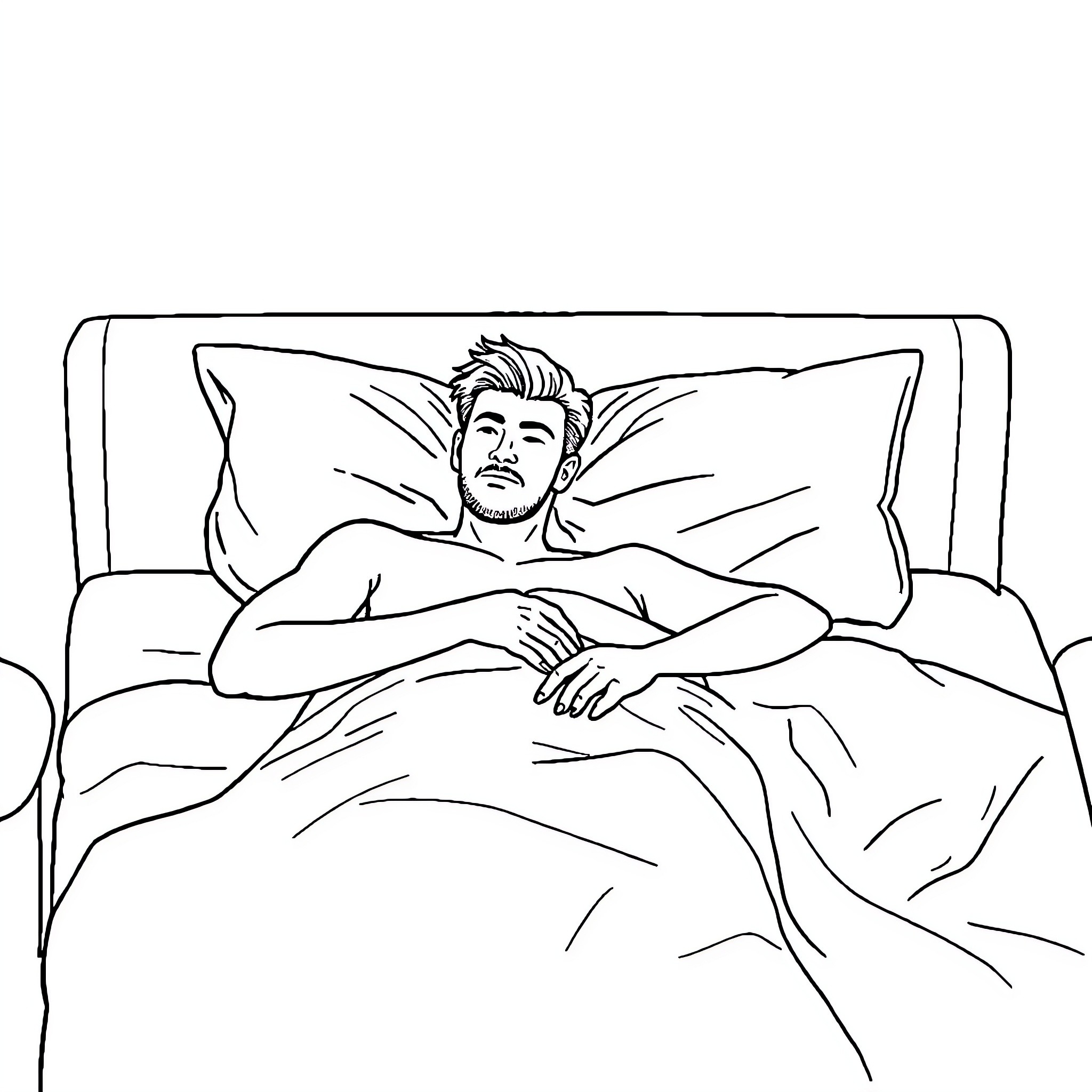 Hombre relajándose en la cama Coloring Page (free black-and-white line drawing printable PDF for all, from beginners to advanced learners, including children, teens, adults, and seniors)