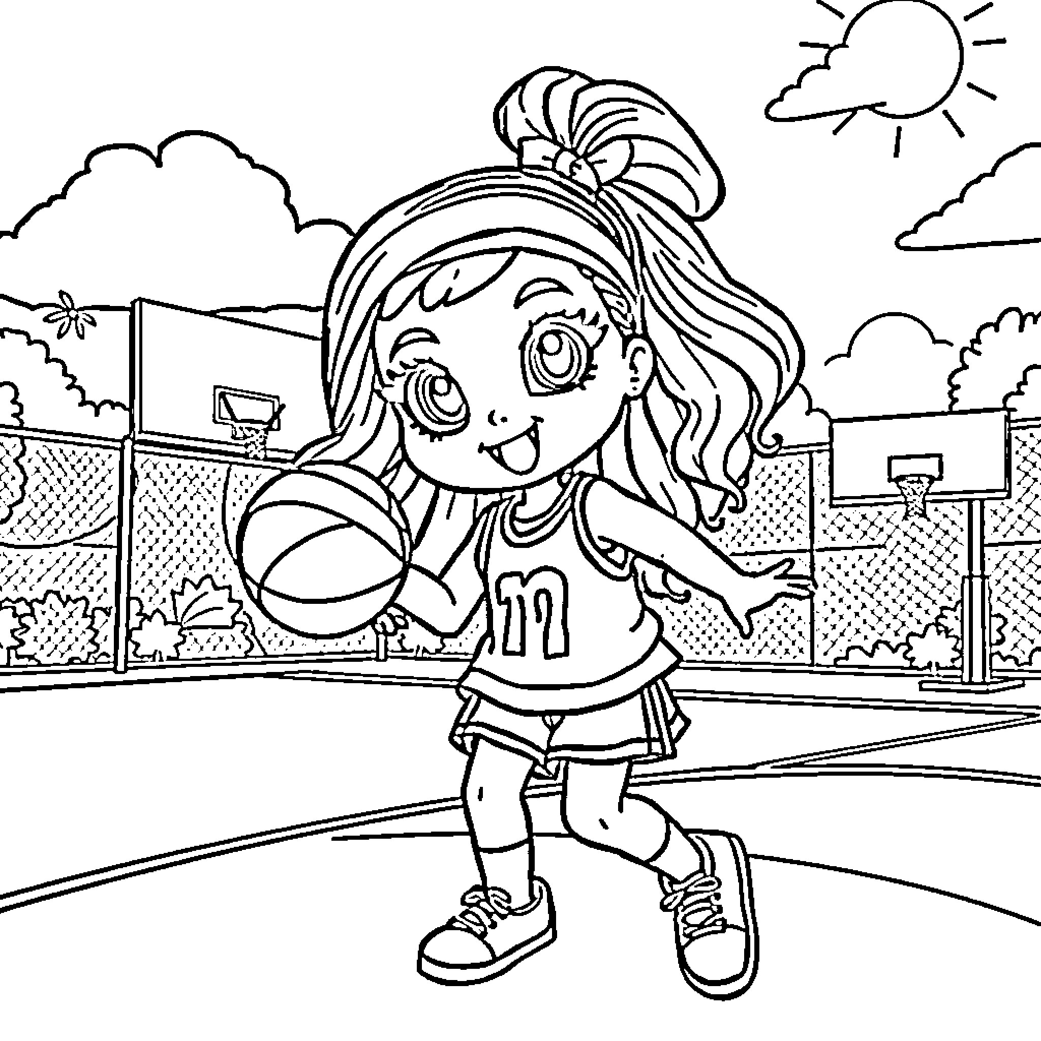 Gabby playing basketball happily on the court Coloring Page (free black-and-white line drawing printable PDF for all, from beginners to advanced learners, including children, teens, adults, and seniors)