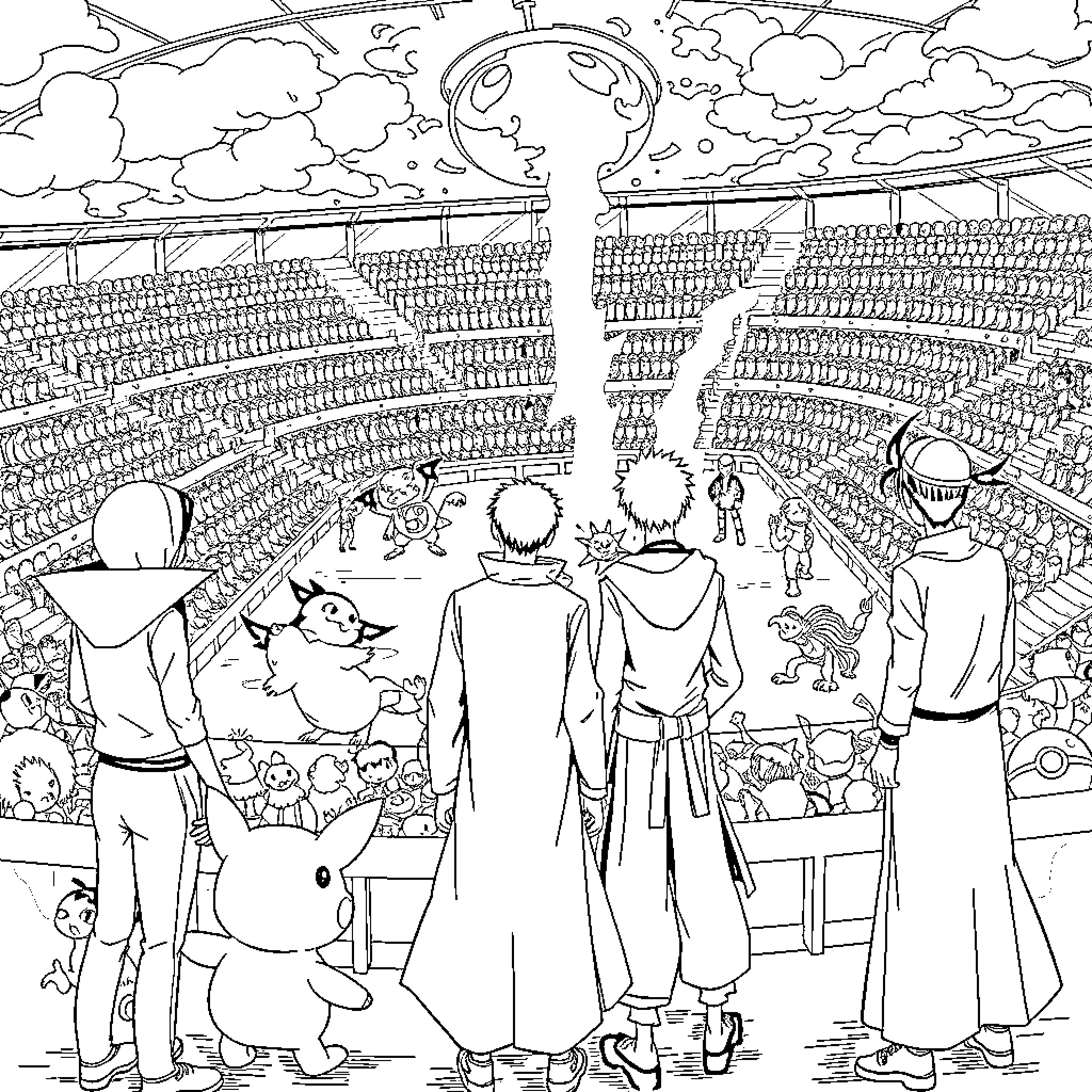 Bleach: Anime Characters Gather in the Anime World Coloring Page (free black-and-white line drawing printable PDF for all, from beginners to advanced learners, including children, teens, adults, and seniors)