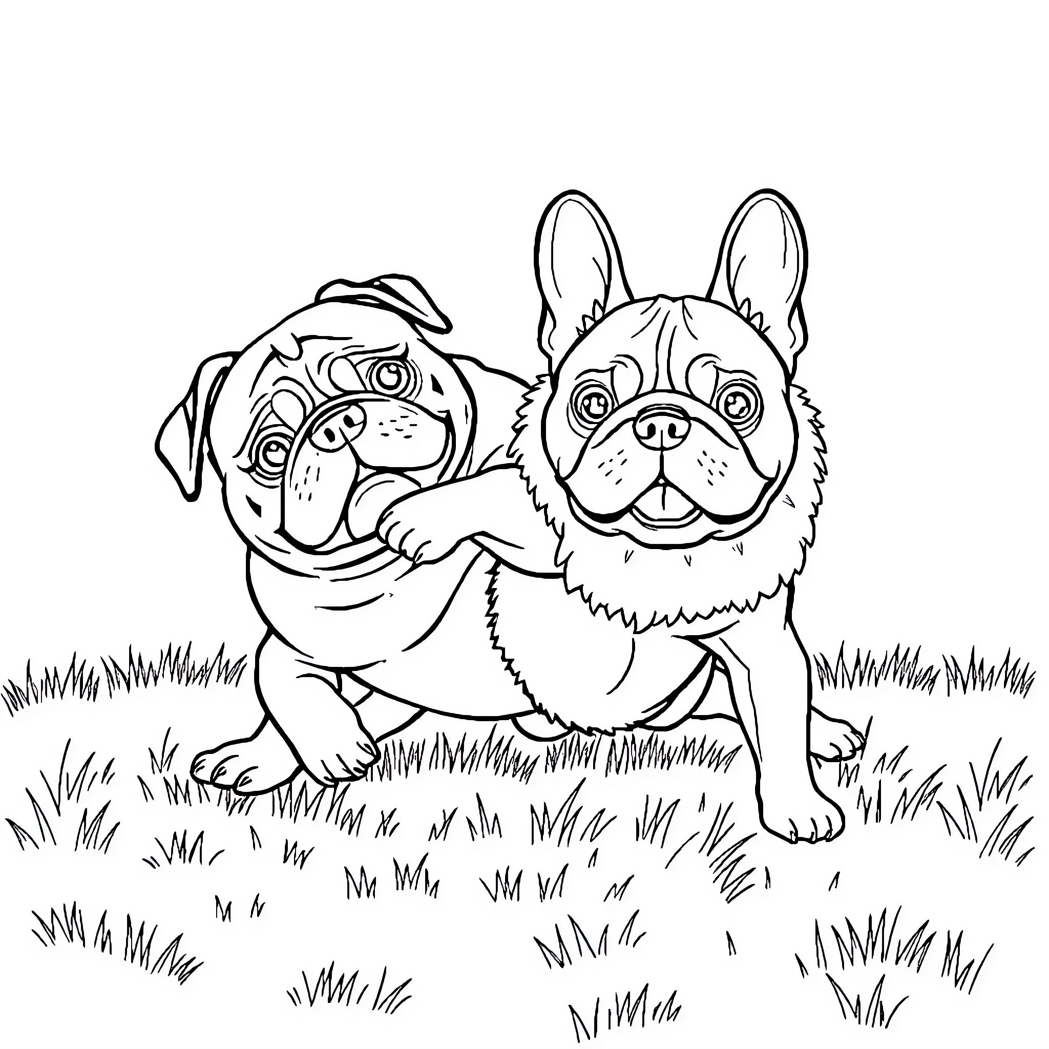Pug dogs playing in the grass Coloring Page (free black-and-white line drawing printable PDF for all, from beginners to advanced learners, including children, teens, adults, and seniors)