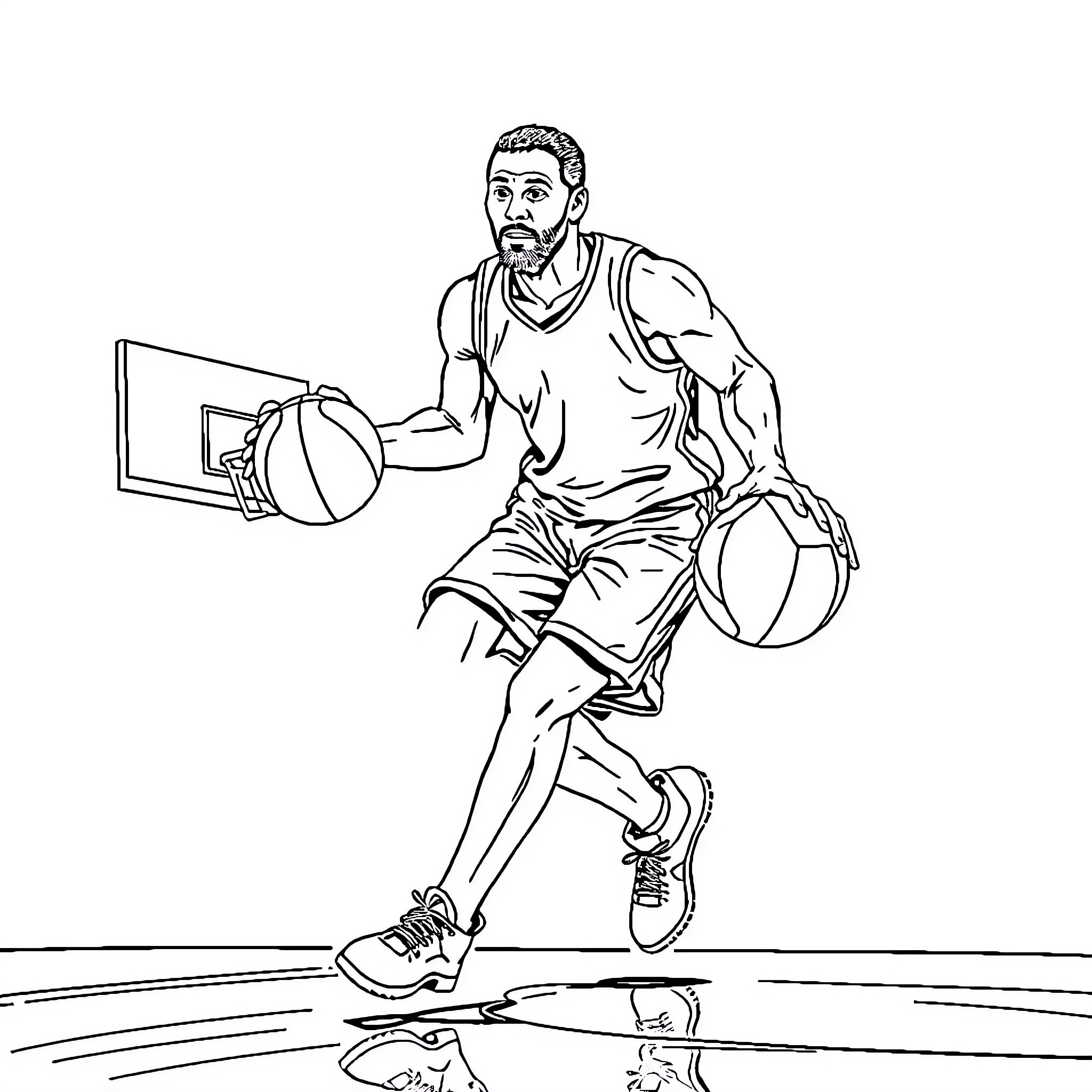 Basketball Player Going for a Layup Coloring Page (free black-and-white line drawing printable PDF for all, from beginners to advanced learners, including children, teens, adults, and seniors)