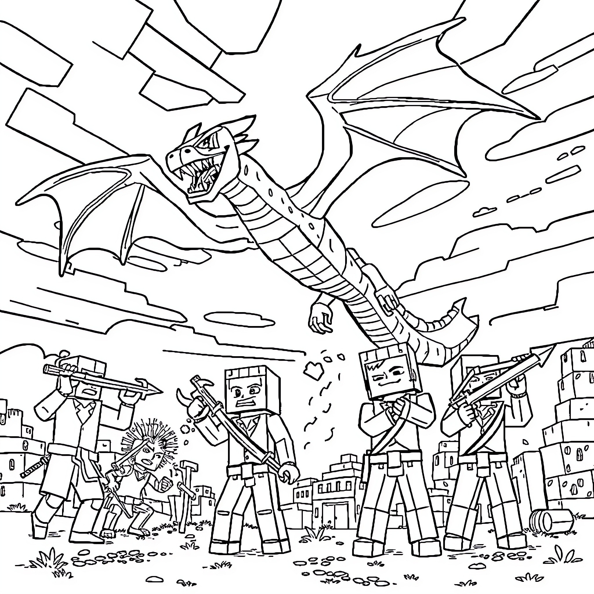 Ender Dragon battling against Minecraft warriors Coloring Page (free black-and-white line drawing printable PDF for all, from beginners to advanced learners, including children, teens, adults, and seniors)
