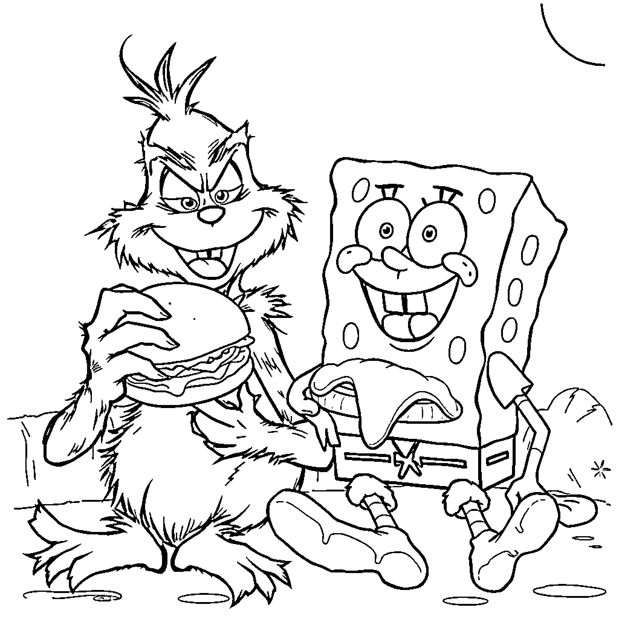 Grinch and SpongeBob in Playful Adventure Coloring Page (free black-and-white line drawing printable PDF for all, from beginners to advanced learners, including children, teens, adults, and seniors)