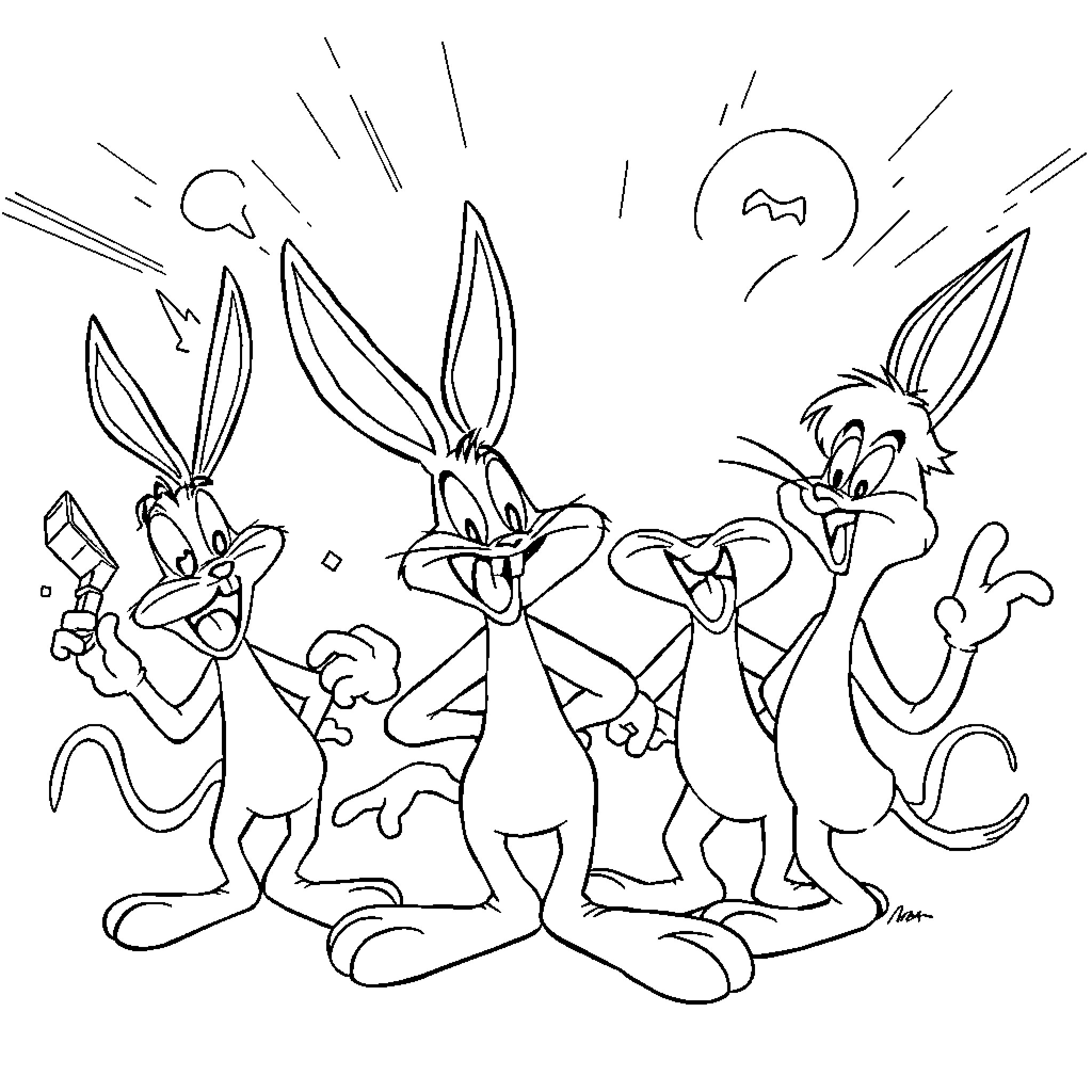 Looney Tunes characters in silly poses and expressions Coloring Page (free black-and-white line drawing printable PDF for all, from beginners to advanced learners, including children, teens, adults, and seniors)