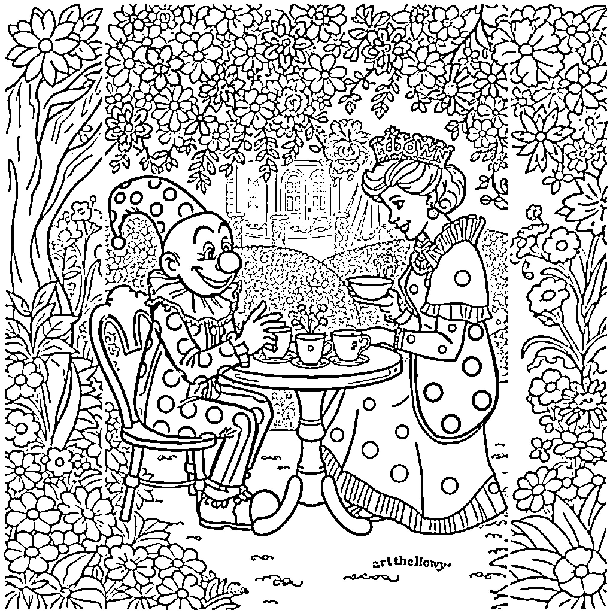 Art of Whimsical Characters Enjoying a Tea Party Coloring Page (free black-and-white line drawing printable PDF for all, from beginners to advanced learners, including children, teens, adults, and seniors)