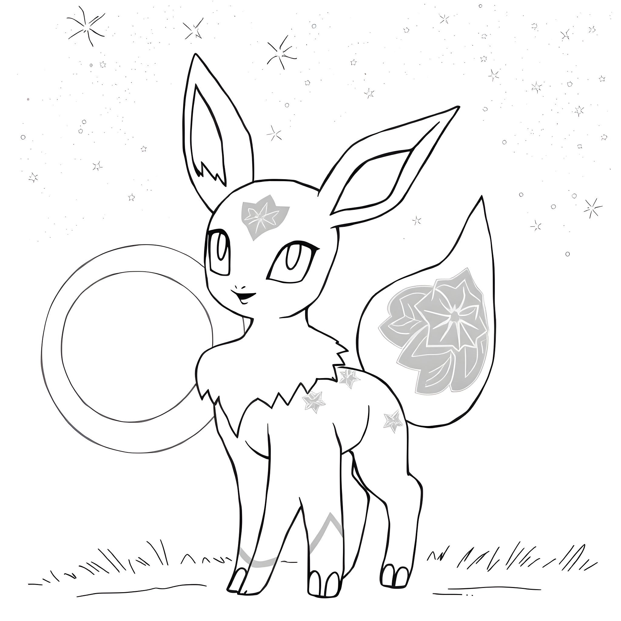 Umbreon staring curiously in the starry night Coloring Page (free black-and-white line drawing printable PDF for all, from beginners to advanced learners, including children, teens, adults, and seniors)