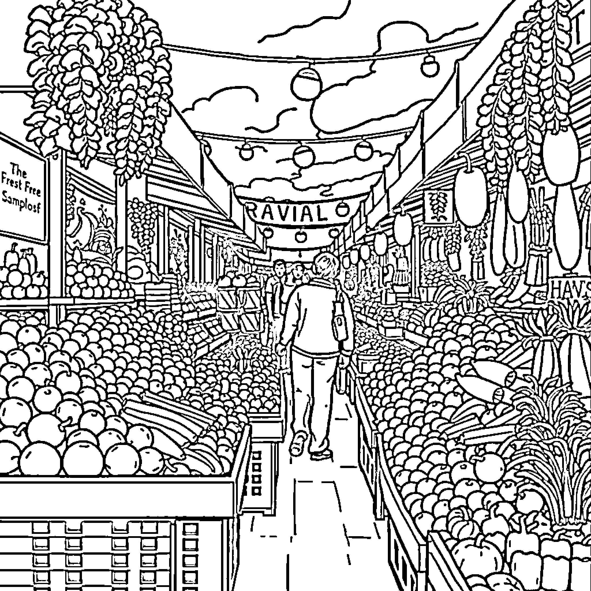 Produce stalls in a vibrant marketplace Coloring Page (free black-and-white line drawing printable PDF for all, from beginners to advanced learners, including children, teens, adults, and seniors)