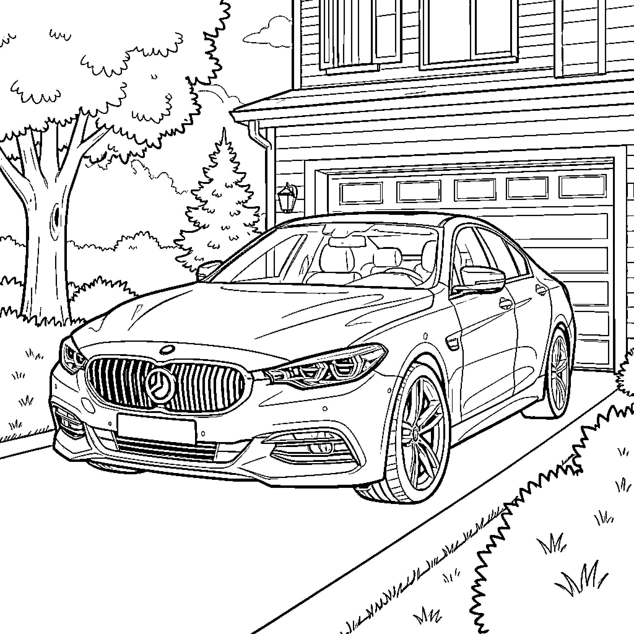 Car parked in front of a suburban house Coloring Page (free black-and-white line drawing printable PDF for all, from beginners to advanced learners, including children, teens, adults, and seniors)